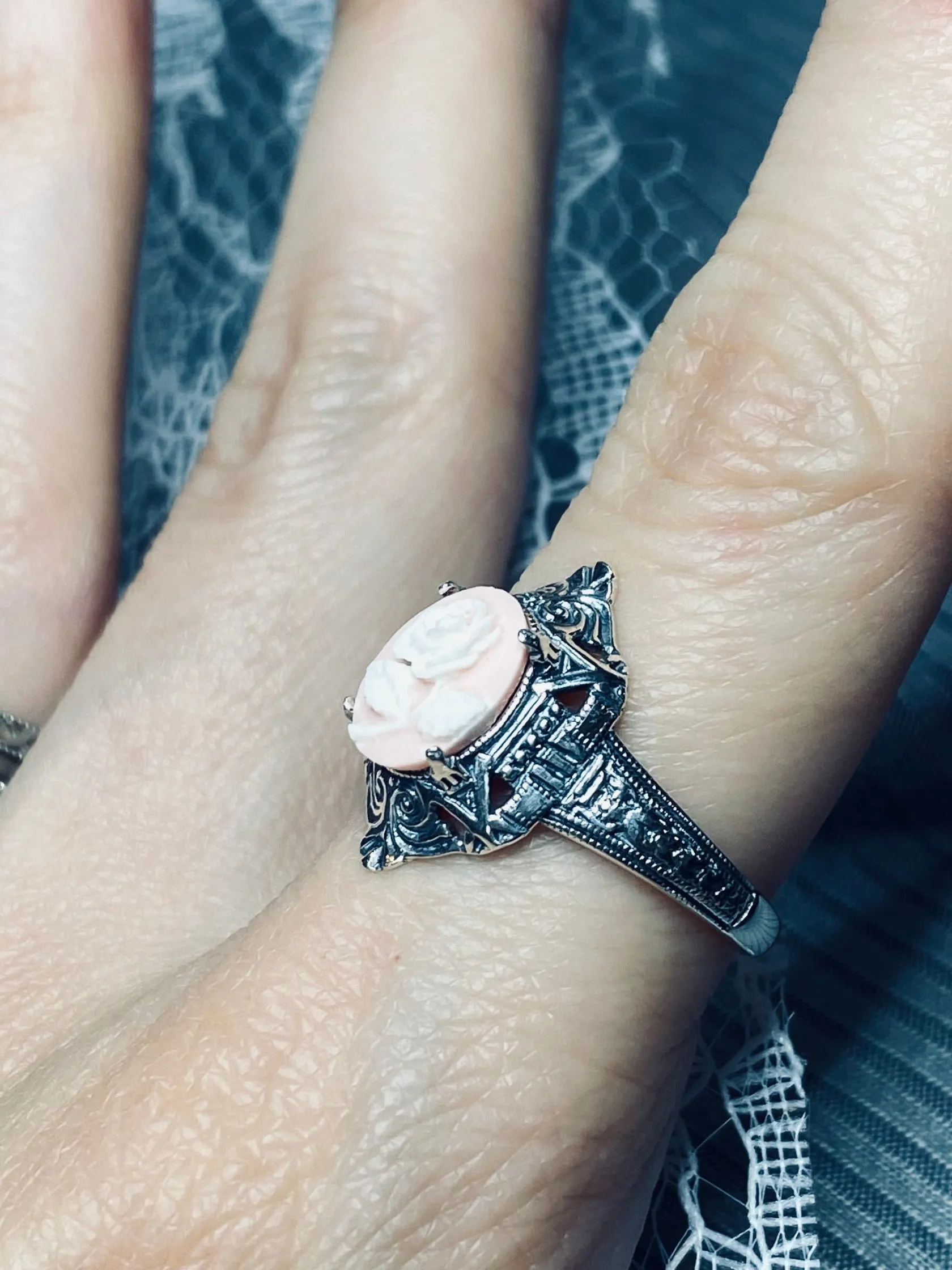 Cameo Ring | Pink & White Rose, Silver Filigree, Art Deco Jewelry, Cleopatra D209