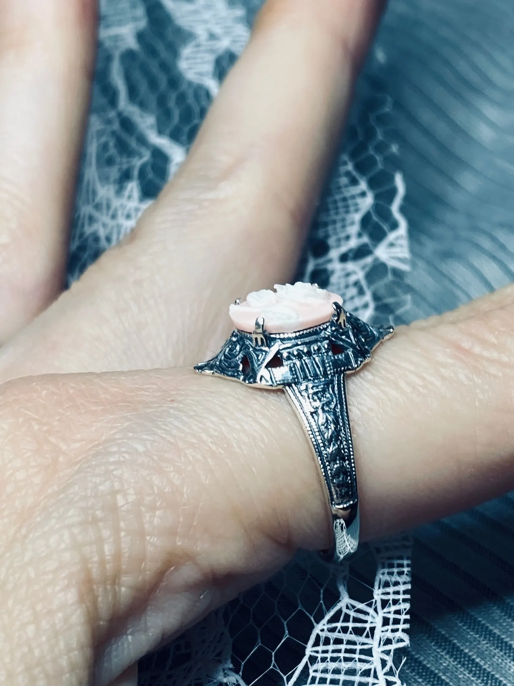 Cameo Ring | Pink & White Rose, Silver Filigree, Art Deco Jewelry, Cleopatra D209