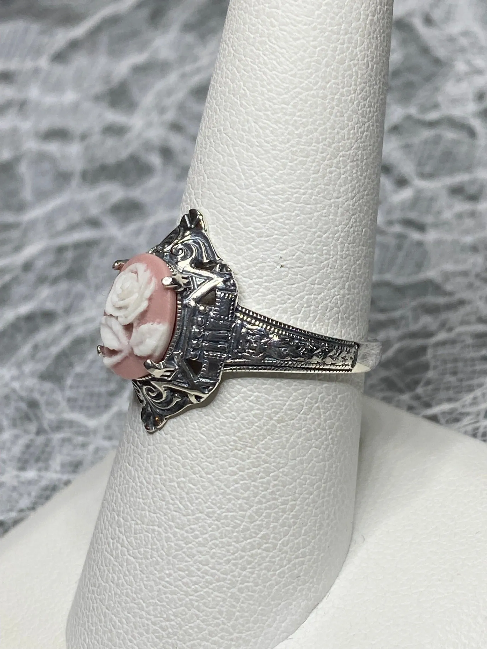 Cameo Ring | Pink & White Rose, Silver Filigree, Art Deco Jewelry, Cleopatra D209
