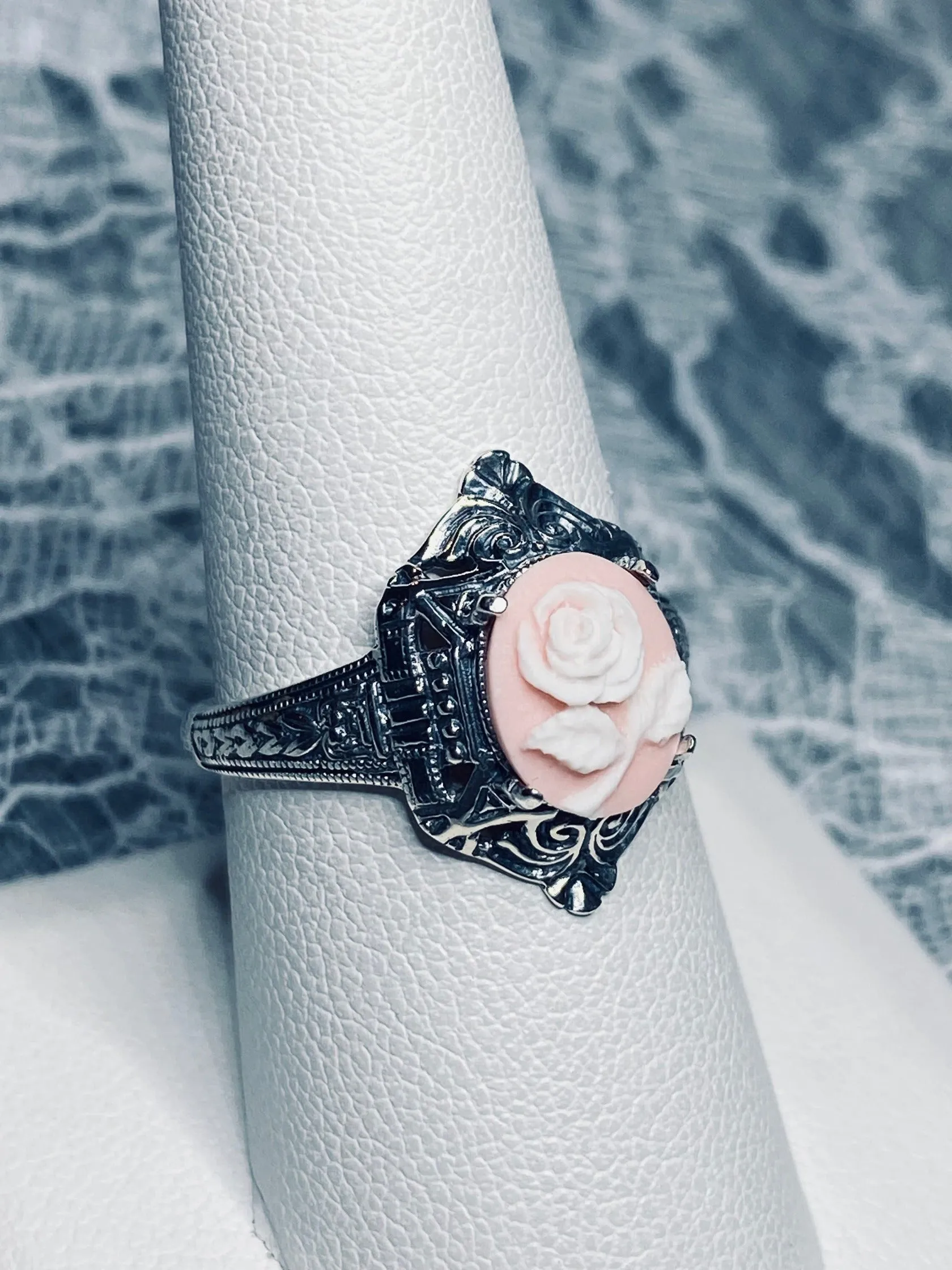 Cameo Ring | Pink & White Rose, Silver Filigree, Art Deco Jewelry, Cleopatra D209