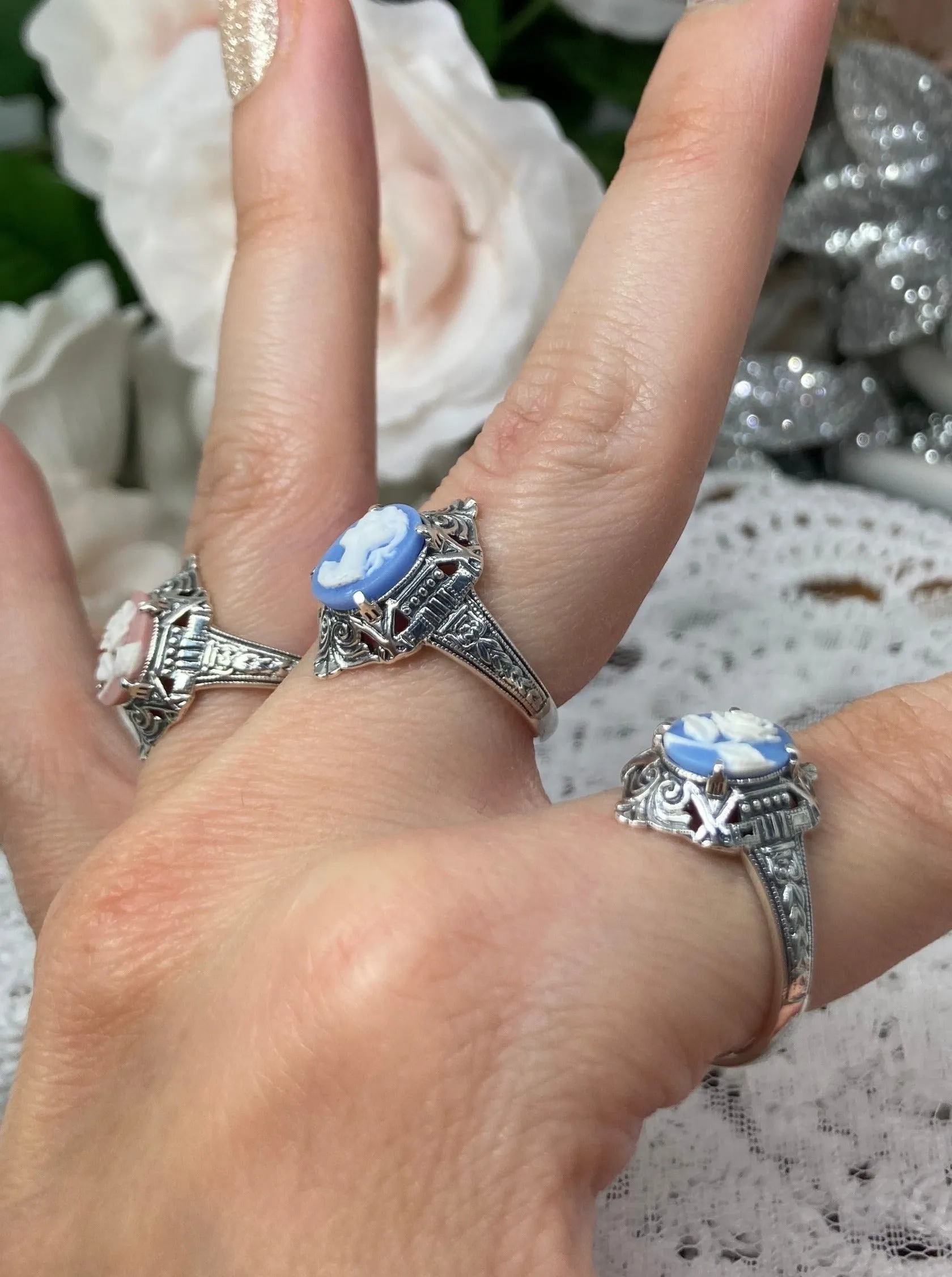 Cameo Ring | Pink & White Rose, Silver Filigree, Art Deco Jewelry, Cleopatra D209