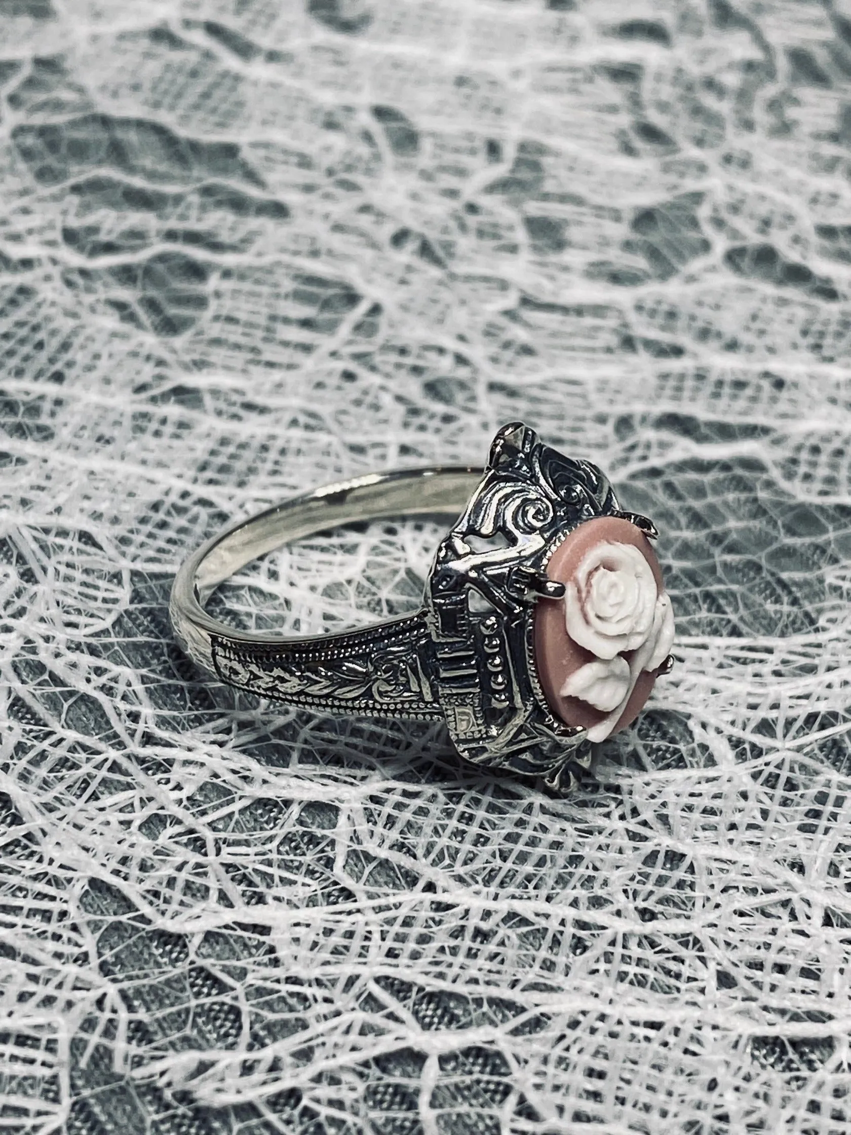 Cameo Ring | Pink & White Rose, Silver Filigree, Art Deco Jewelry, Cleopatra D209