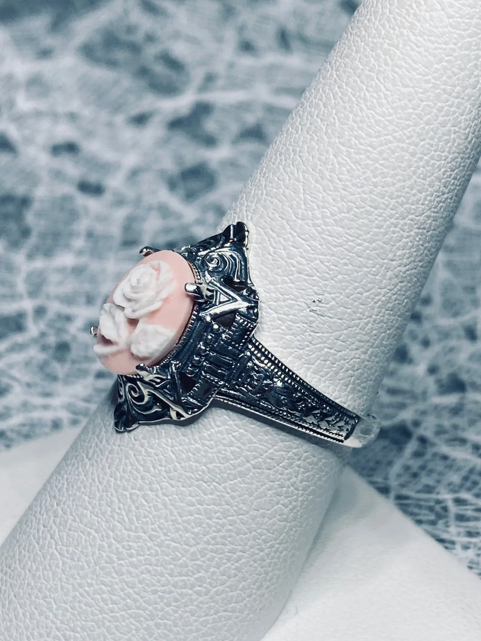Cameo Ring | Pink & White Rose, Silver Filigree, Art Deco Jewelry, Cleopatra D209