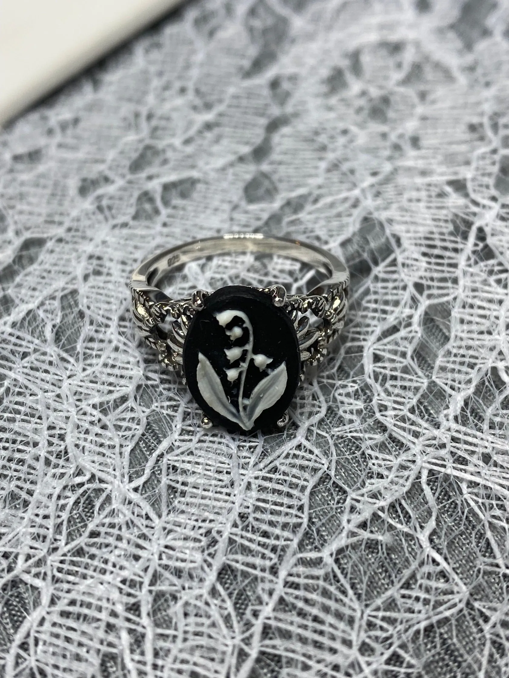 Cameo Ring | White Bell Flower, Silver Filigree, Victorian Gothic Jewelry, Ace D92