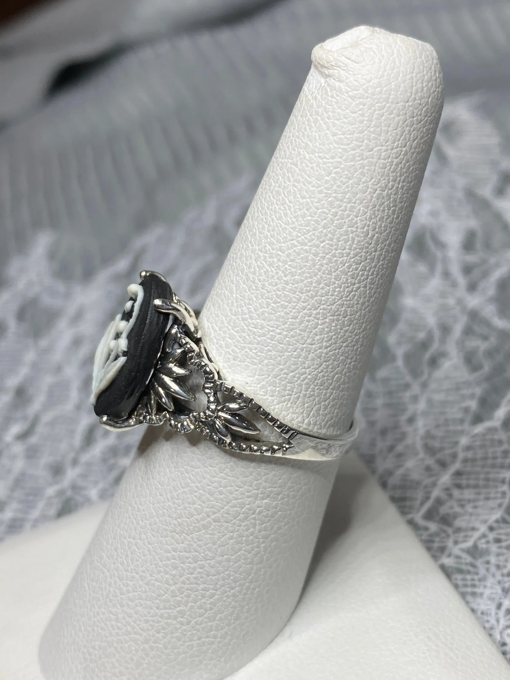 Cameo Ring | White Bell Flower, Silver Filigree, Victorian Gothic Jewelry, Ace D92