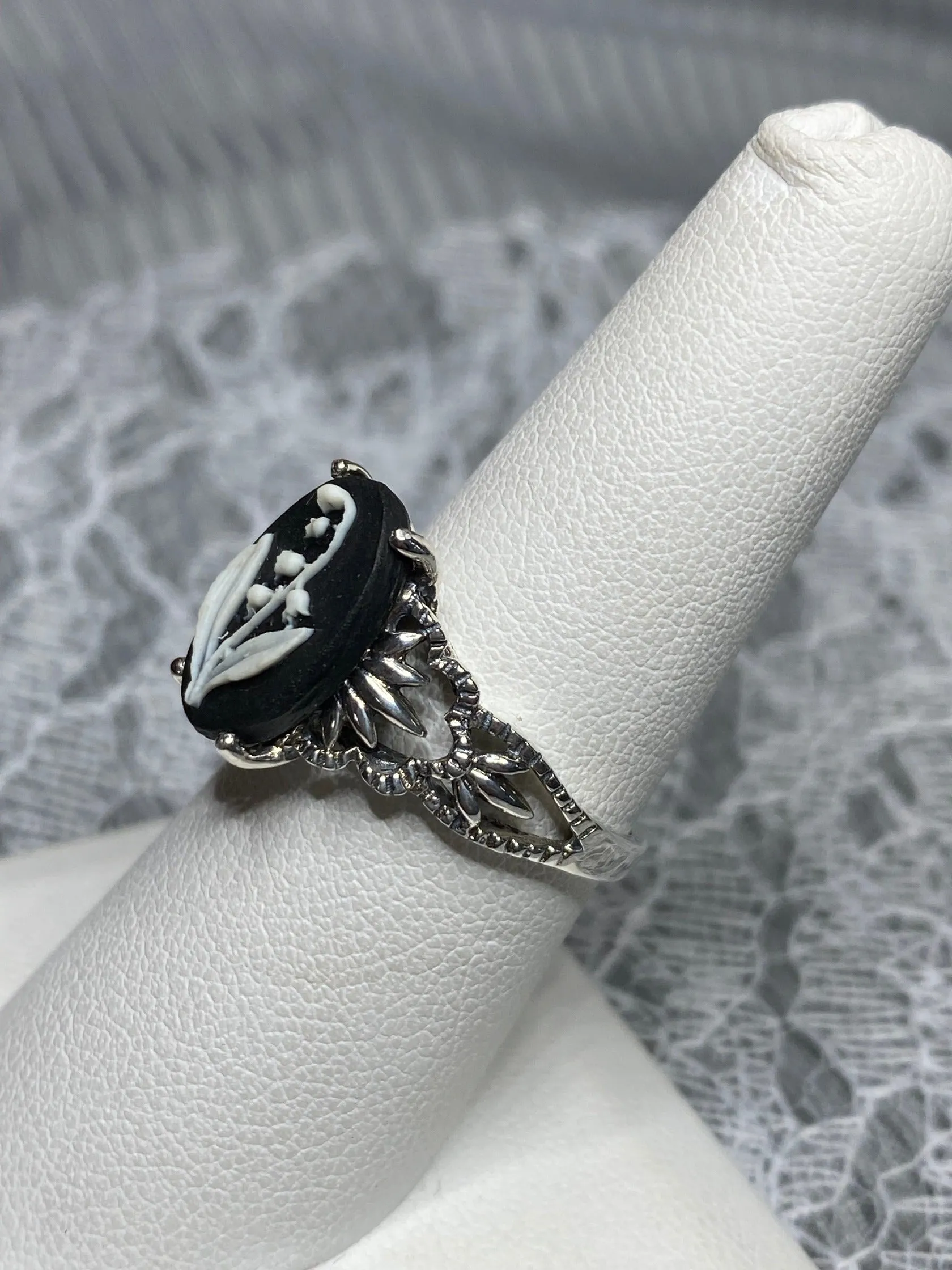 Cameo Ring | White Bell Flower, Silver Filigree, Victorian Gothic Jewelry, Ace D92