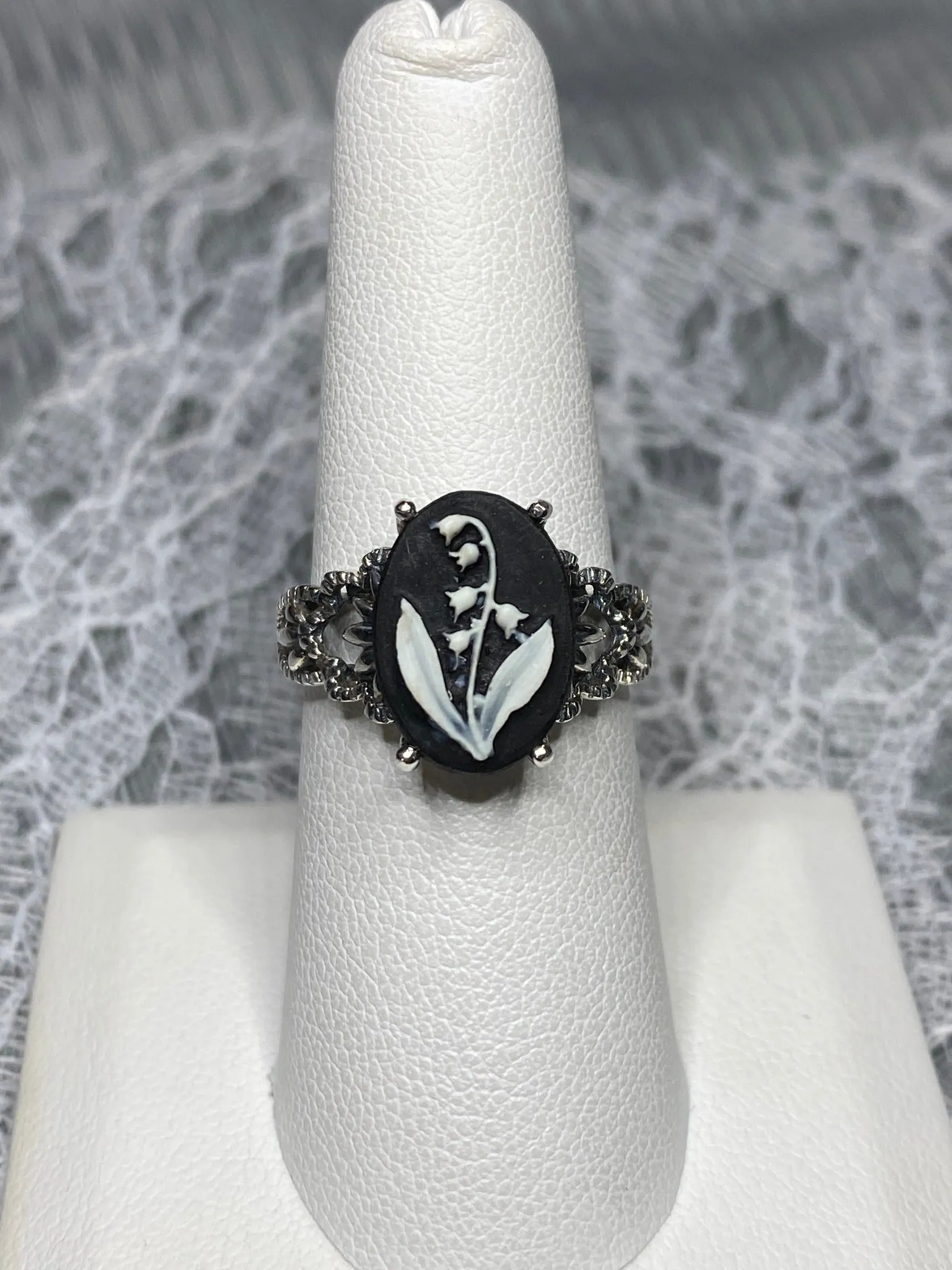 Cameo Ring | White Bell Flower, Silver Filigree, Victorian Gothic Jewelry, Ace D92