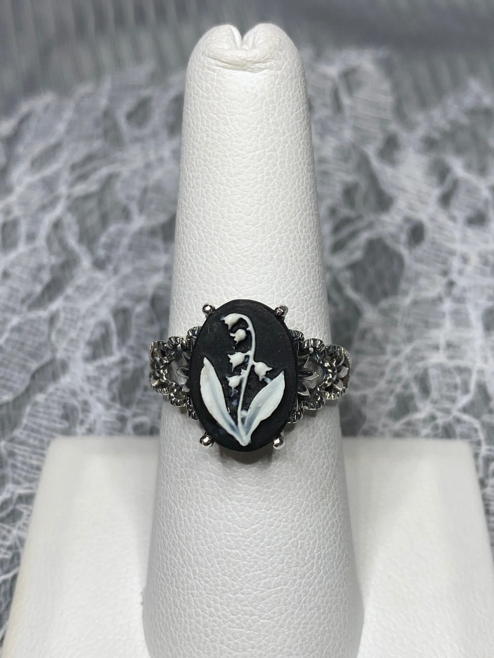 Cameo Ring | White Bell Flower, Silver Filigree, Victorian Gothic Jewelry, Ace D92