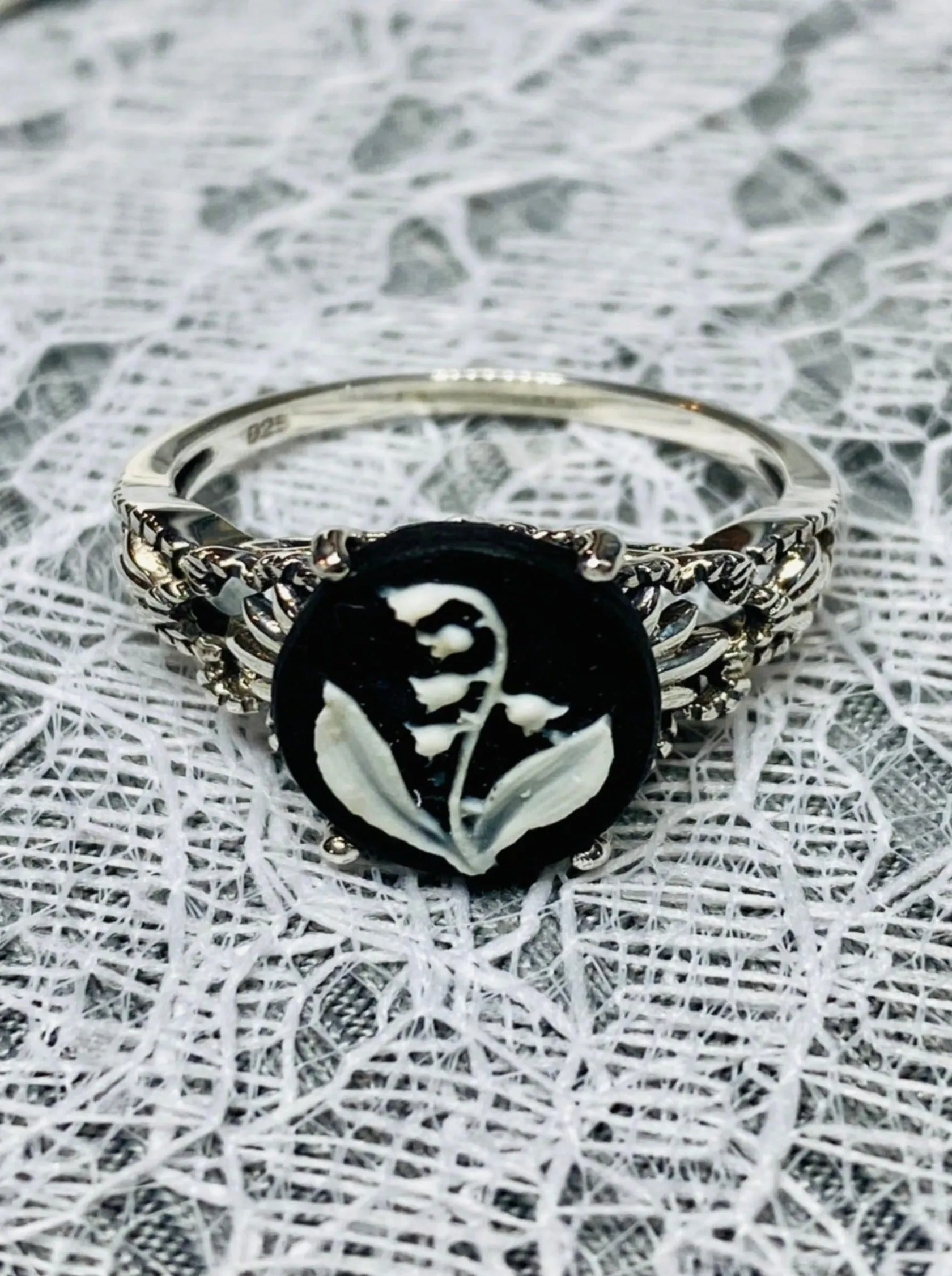 Cameo Ring | White Bell Flower, Silver Filigree, Victorian Gothic Jewelry, Ace D92