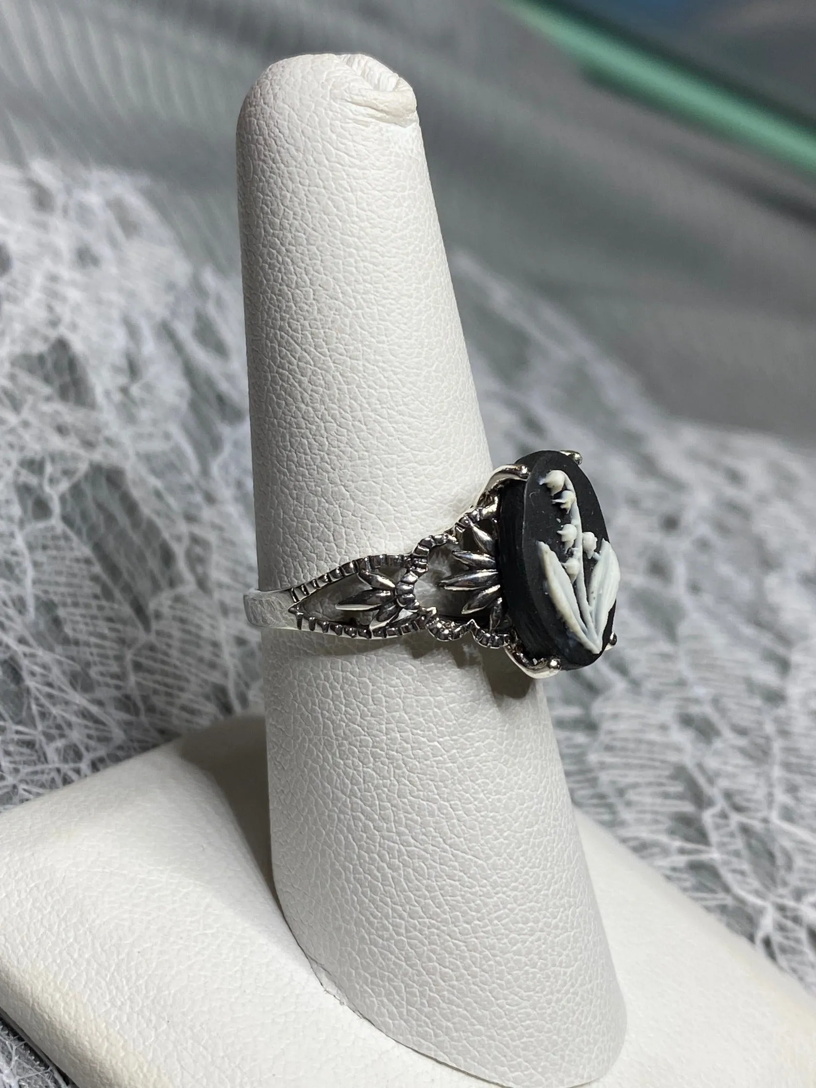Cameo Ring | White Bell Flower, Silver Filigree, Victorian Gothic Jewelry, Ace D92