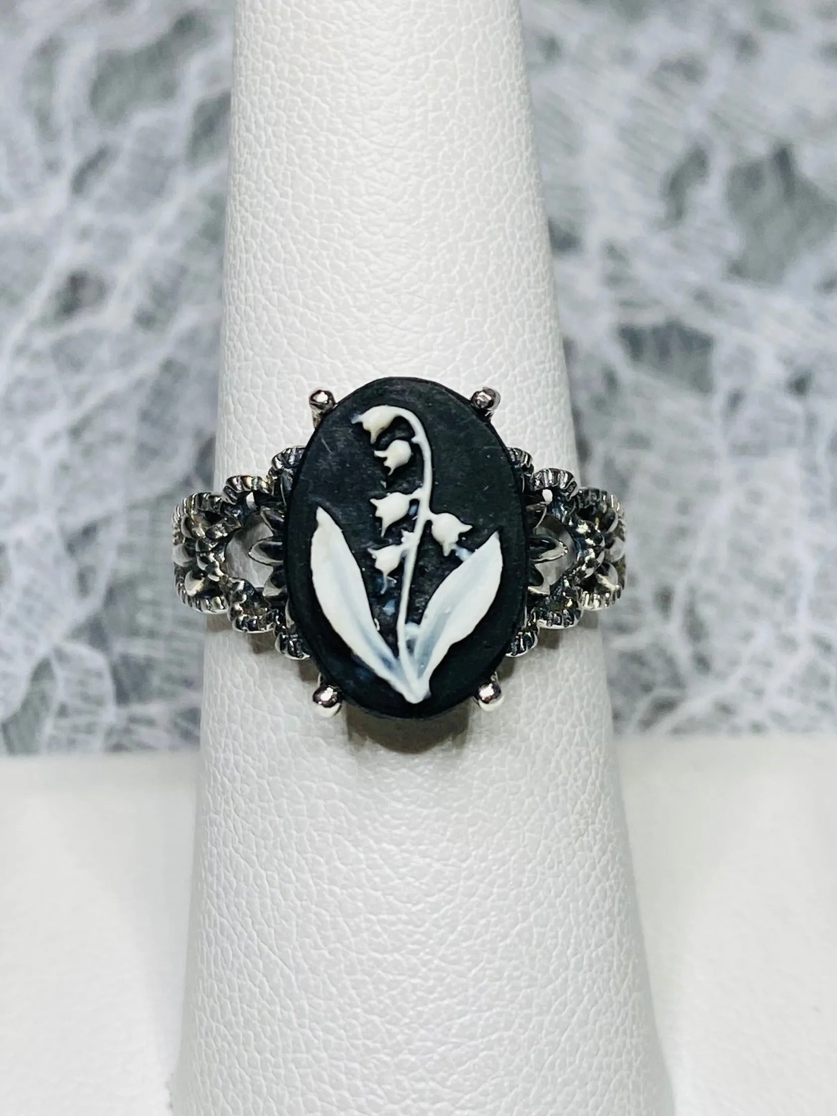 Cameo Ring | White Bell Flower, Silver Filigree, Victorian Gothic Jewelry, Ace D92