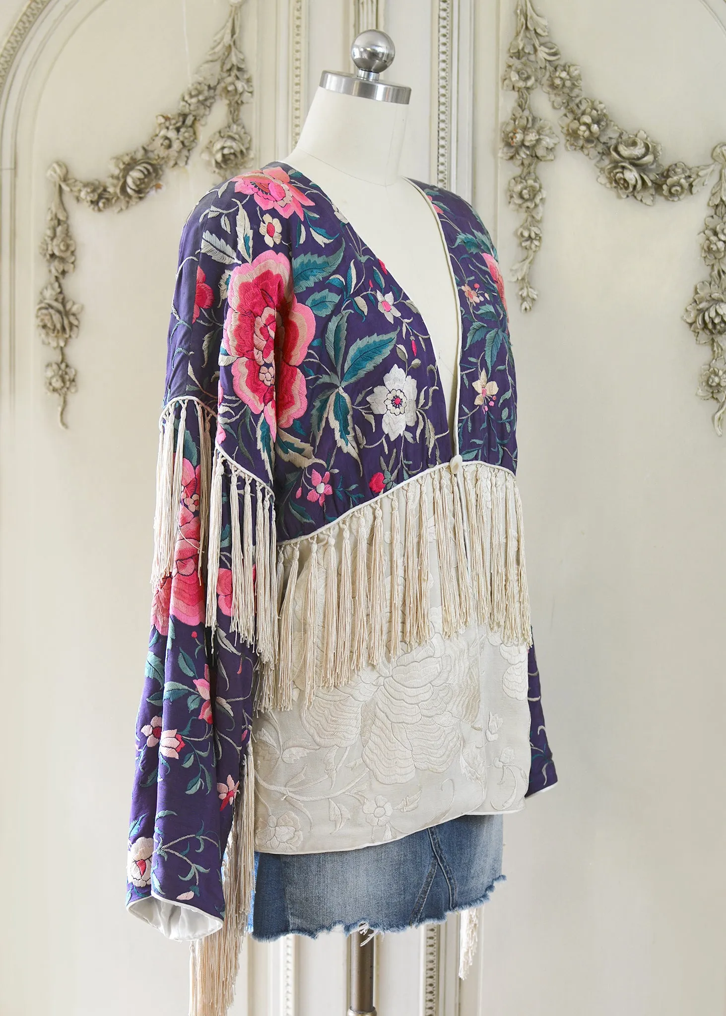 Cate Amethyst Antique Silk Crepe Jacket with Elaborate Fringe