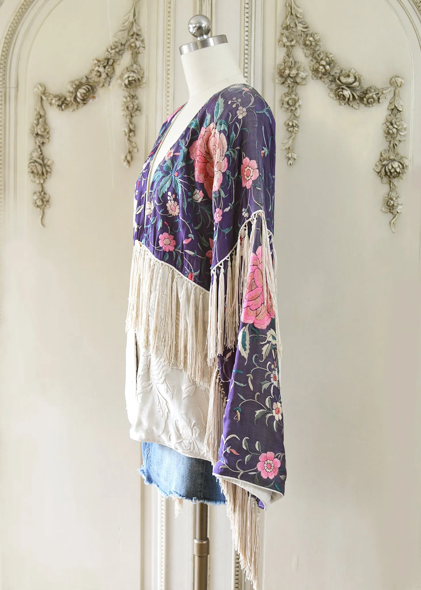 Cate Amethyst Antique Silk Crepe Jacket with Elaborate Fringe