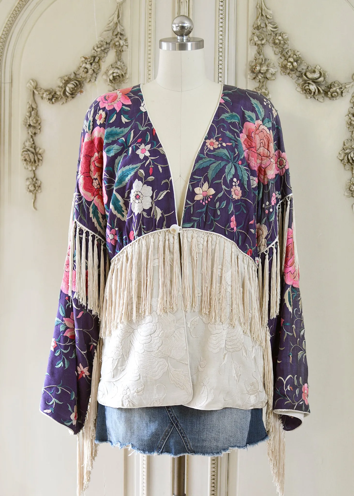 Cate Amethyst Antique Silk Crepe Jacket with Elaborate Fringe