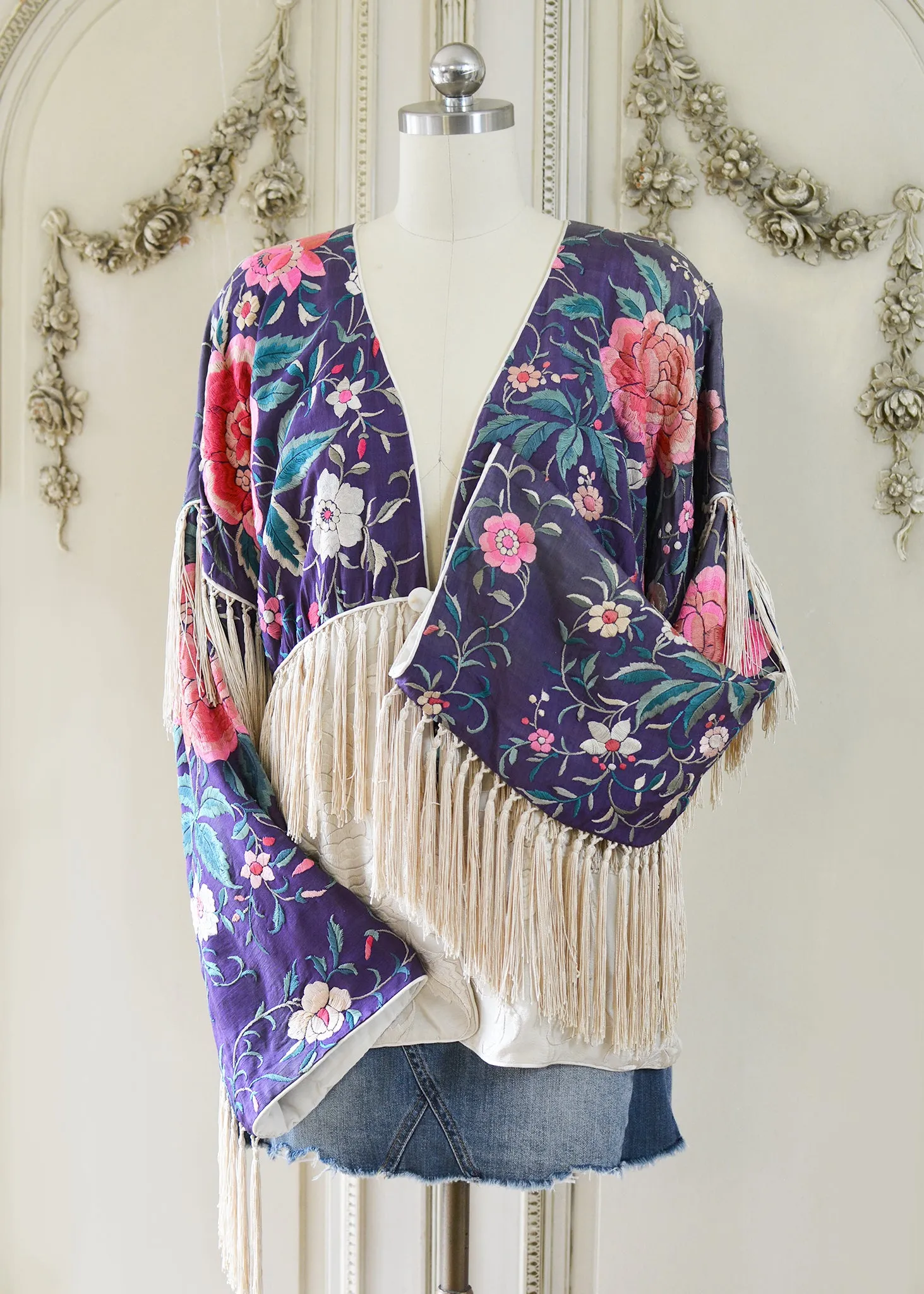 Cate Amethyst Antique Silk Crepe Jacket with Elaborate Fringe