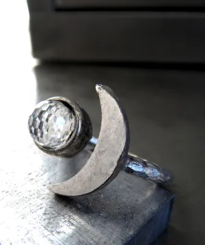 CELESTIAL - Silver Crescent Moon Ring with Vintage Clear Crystal