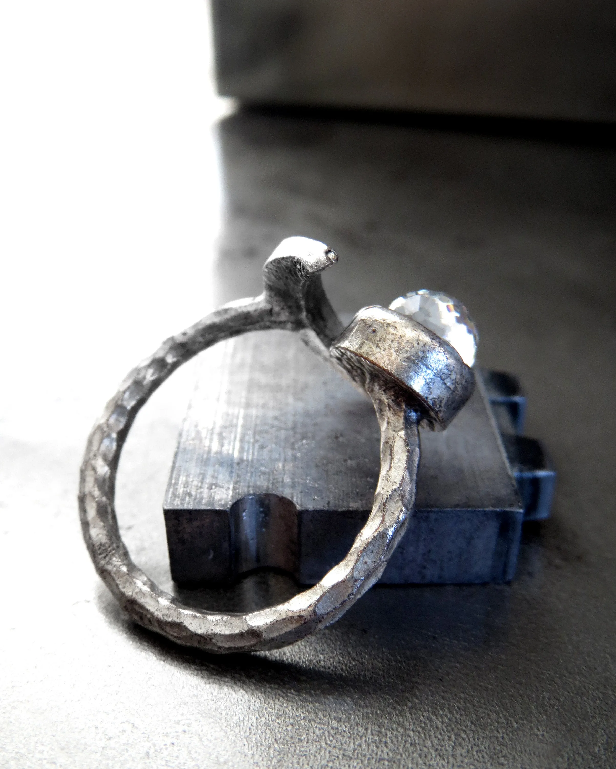 CELESTIAL - Silver Crescent Moon Ring with Vintage Clear Crystal