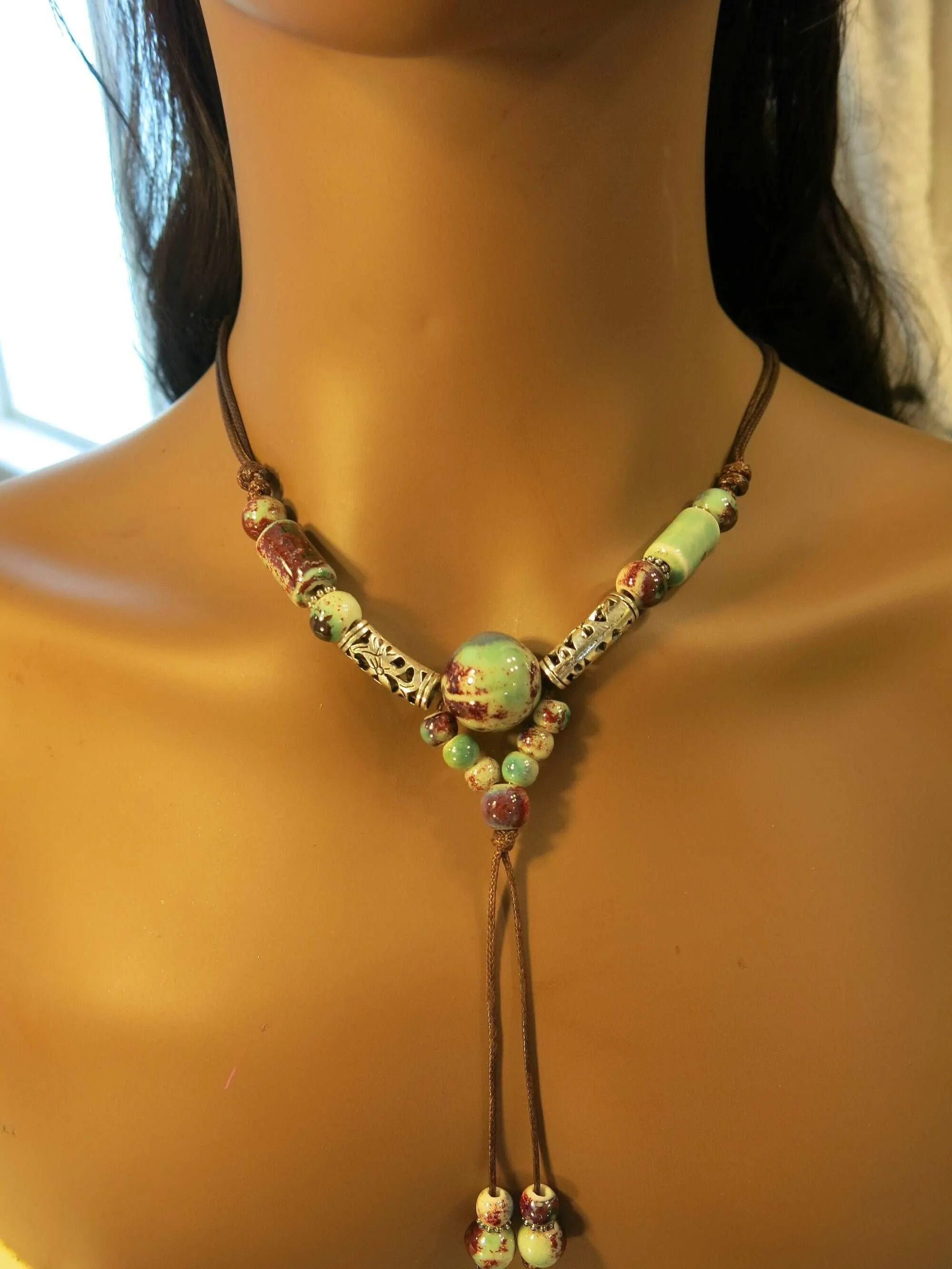 Ceramic Bead Tribal Necklace, Ethnic Adjustable Long Rope Knot Y-Necklace, Leather Cord Bohemian Beach Necklace