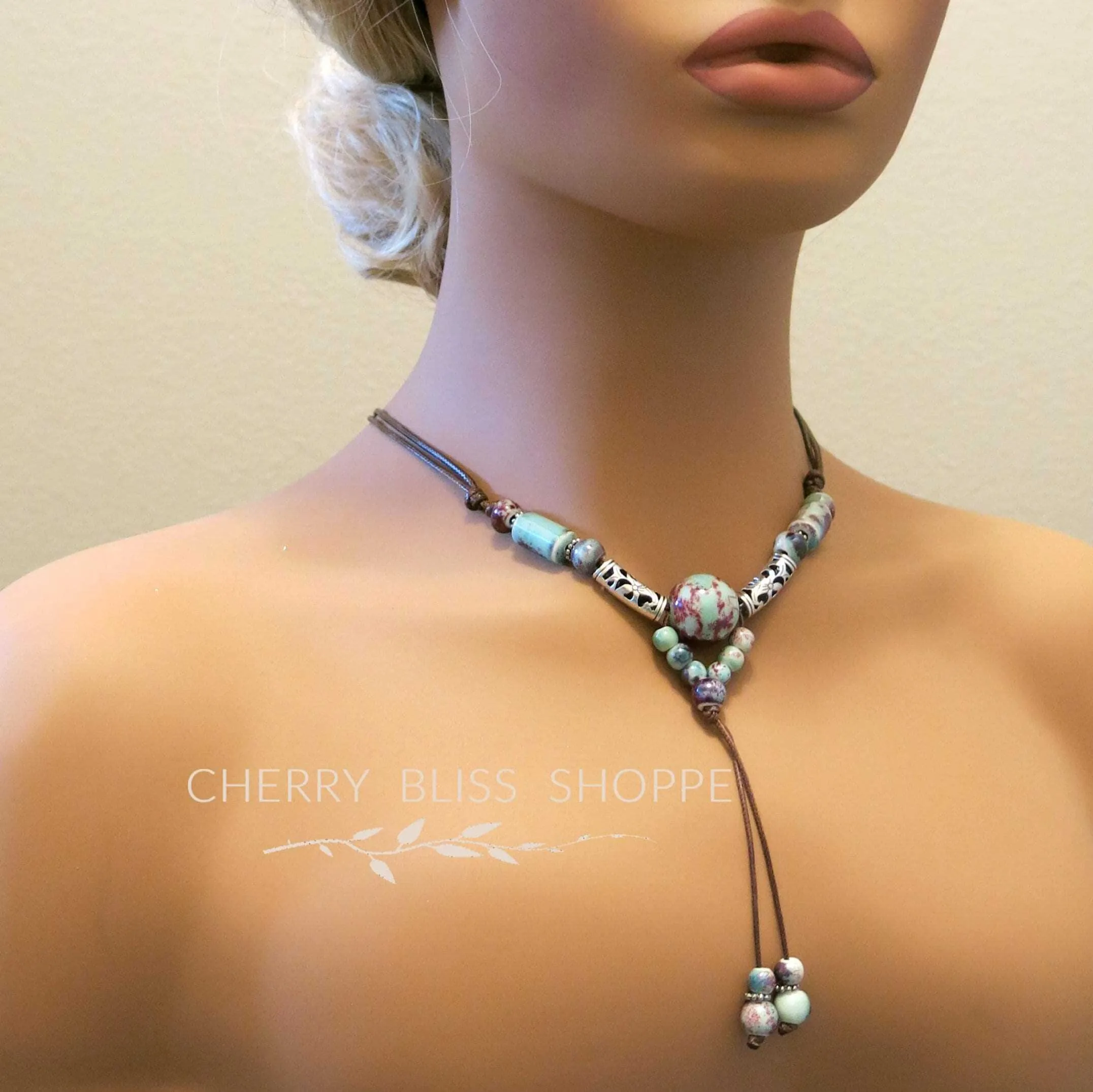 Ceramic Bead Tribal Necklace, Ethnic Adjustable Long Rope Knot Y-Necklace, Leather Cord Bohemian Beach Necklace