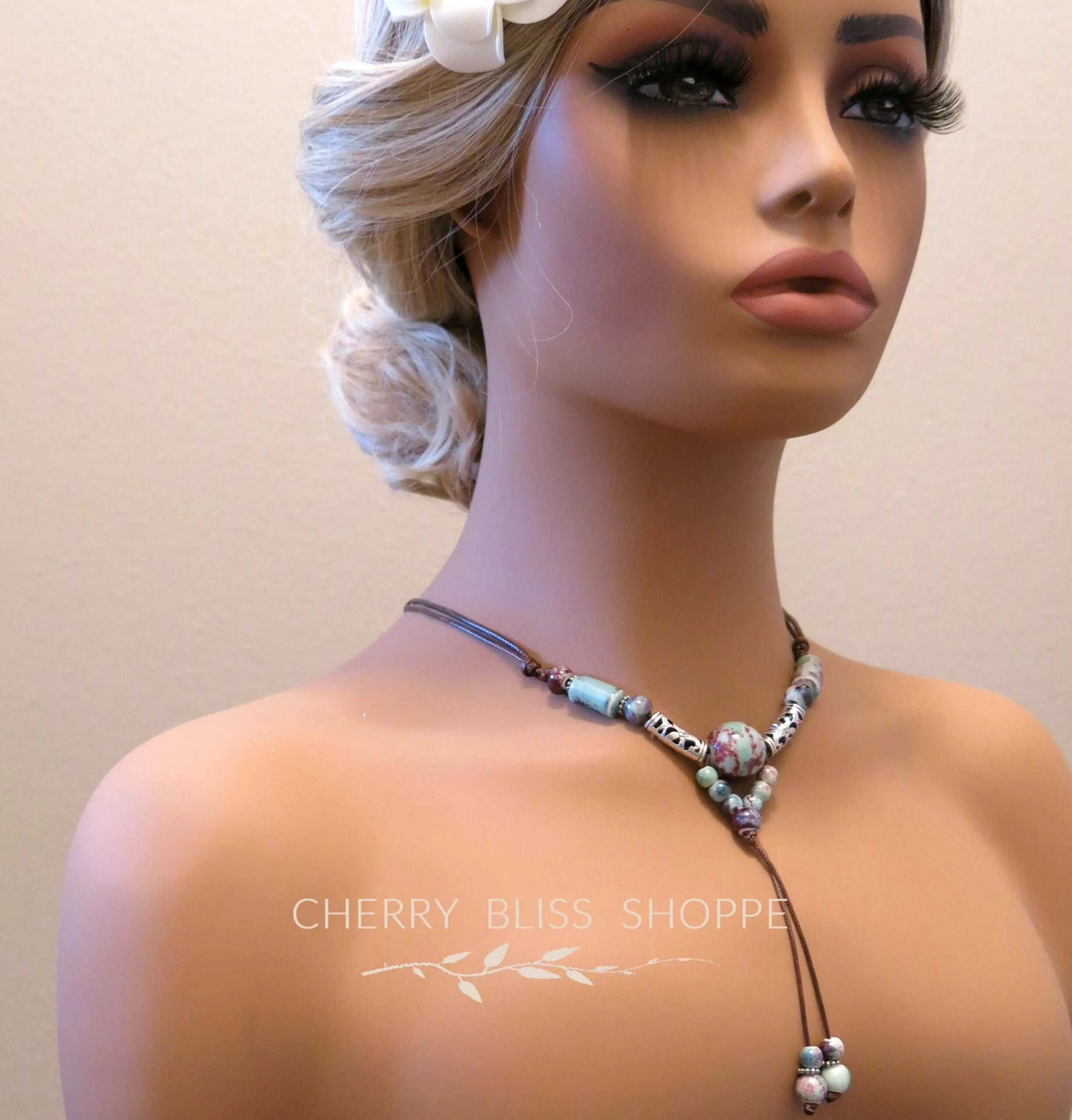 Ceramic Bead Tribal Necklace, Ethnic Adjustable Long Rope Knot Y-Necklace, Leather Cord Bohemian Beach Necklace