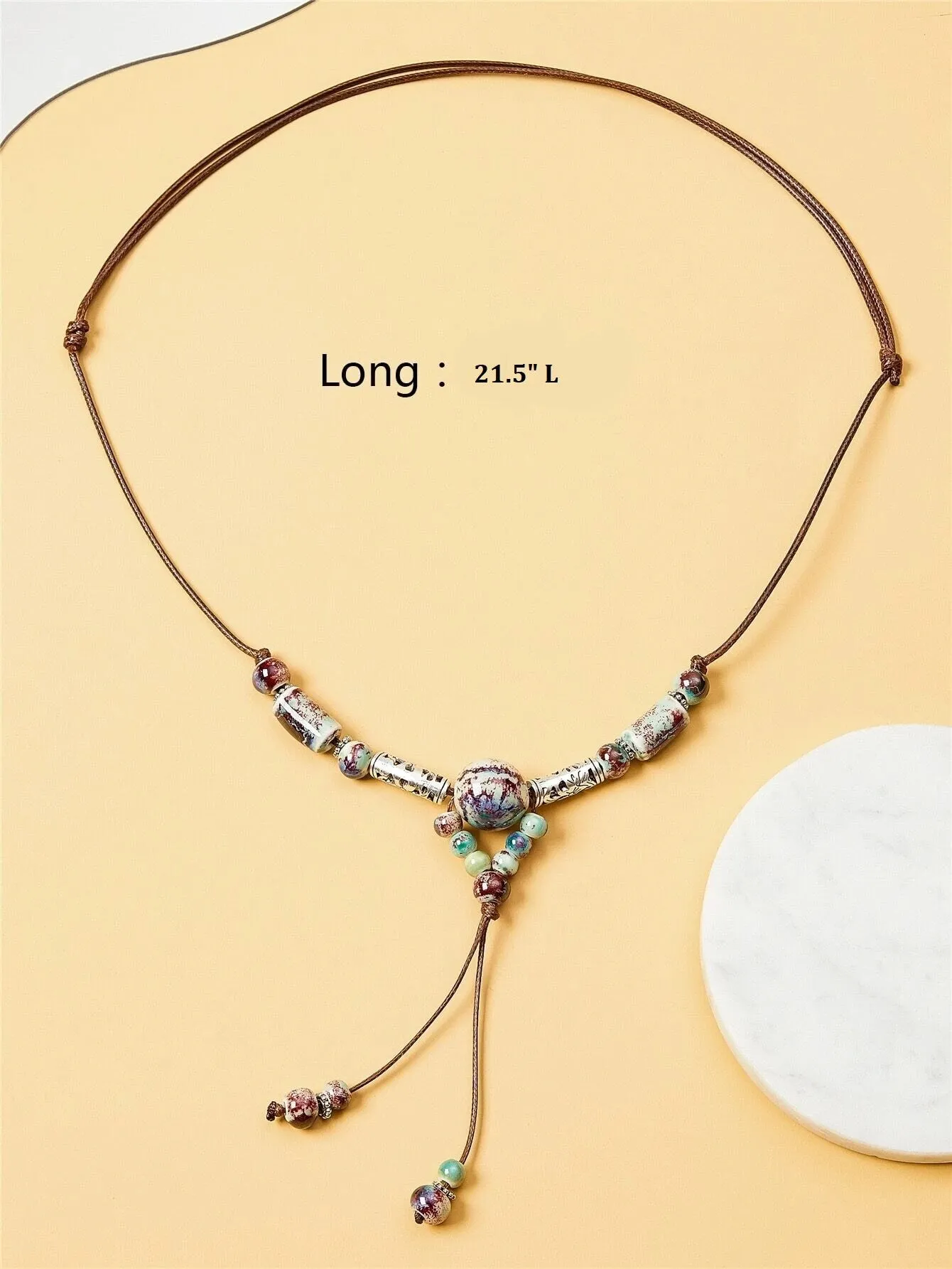 Ceramic Bead Tribal Necklace, Ethnic Adjustable Long Rope Knot Y-Necklace, Leather Cord Bohemian Beach Necklace