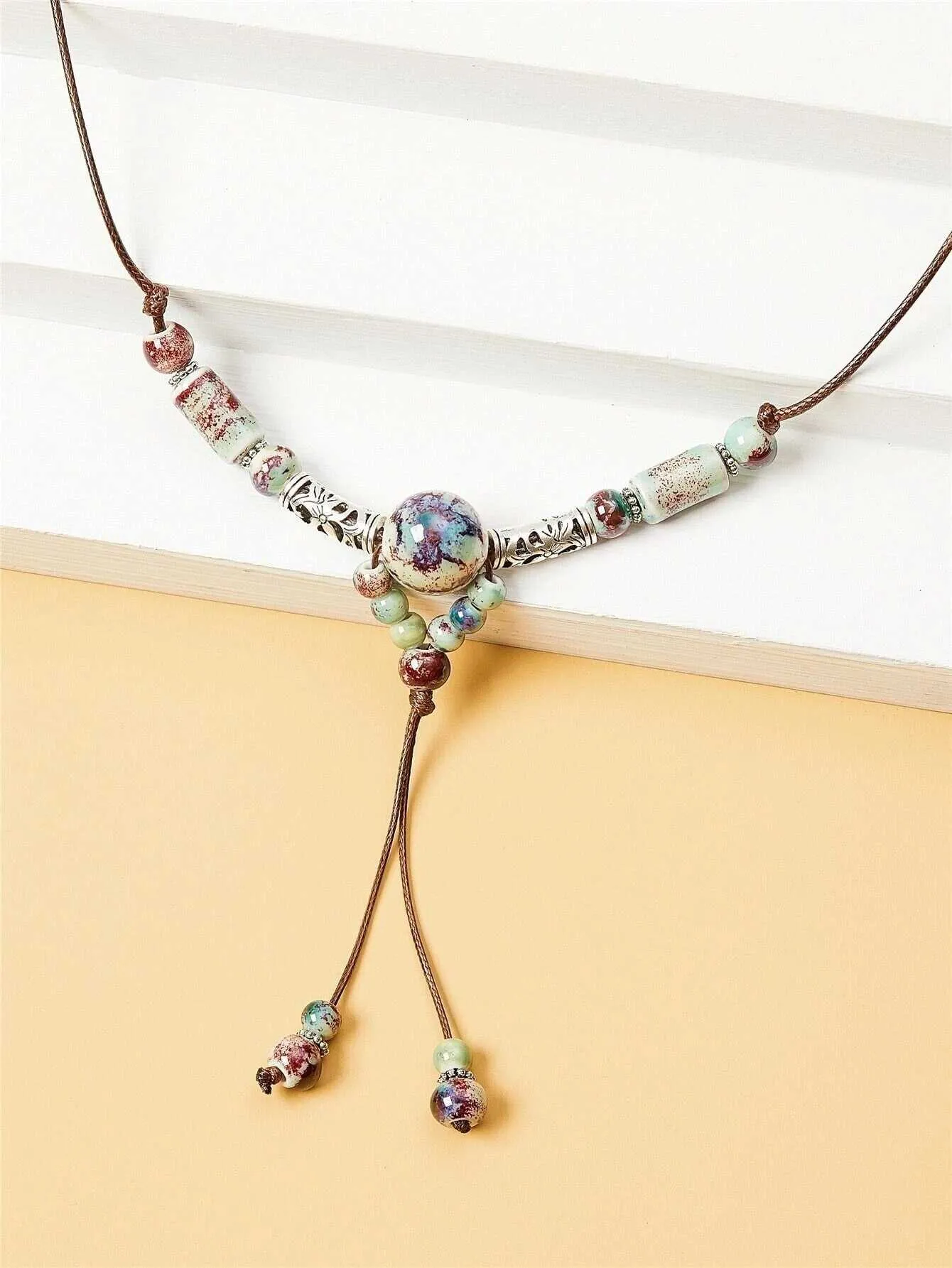 Ceramic Bead Tribal Necklace, Ethnic Adjustable Long Rope Knot Y-Necklace, Leather Cord Bohemian Beach Necklace
