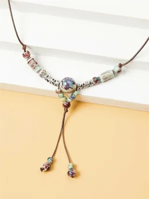 Ceramic Bead Tribal Necklace, Ethnic Adjustable Long Rope Knot Y-Necklace, Leather Cord Bohemian Beach Necklace