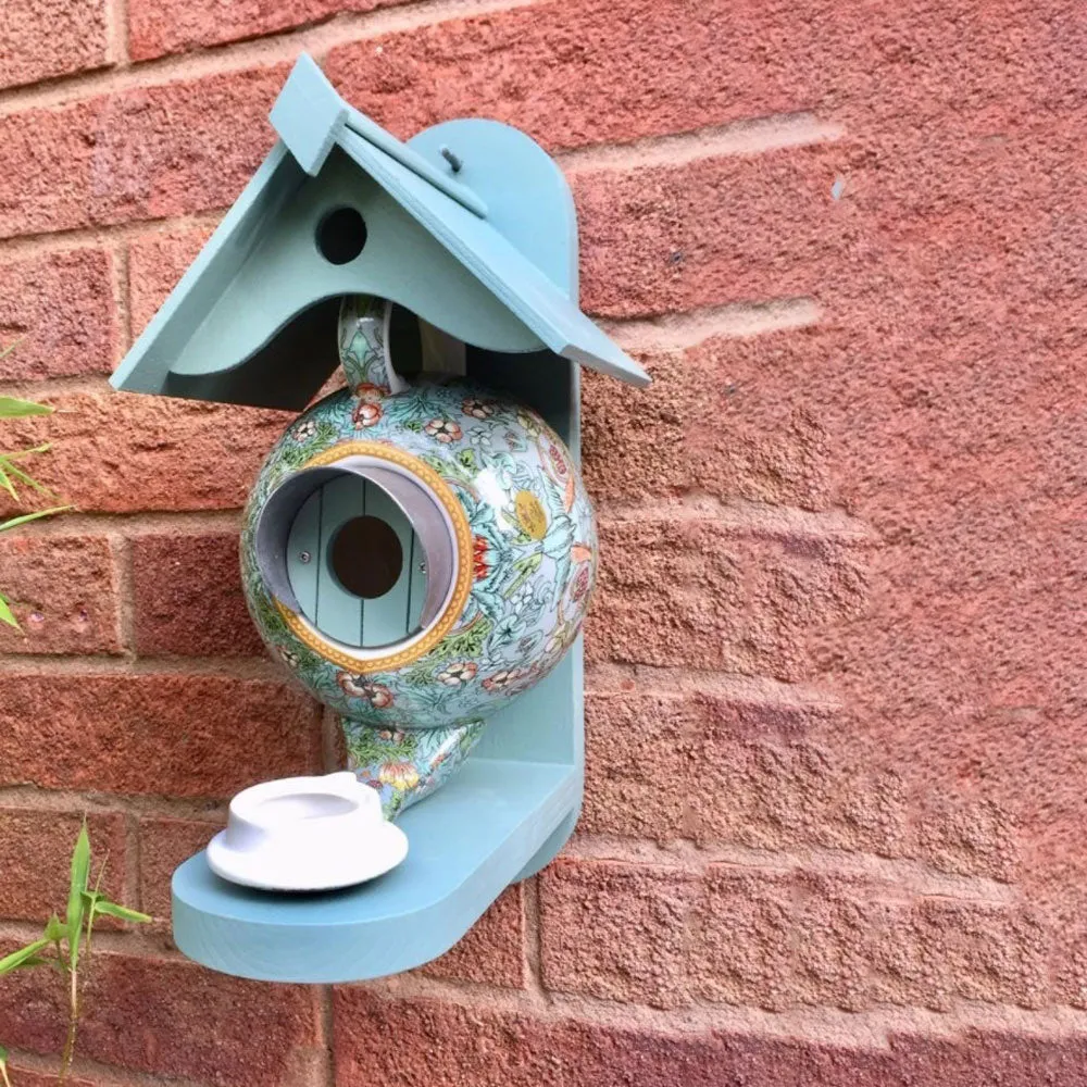 Ceramic Birdhouse & Feeder Whimsical Hanging Decoration Cute Teapot Bird House and Feeder