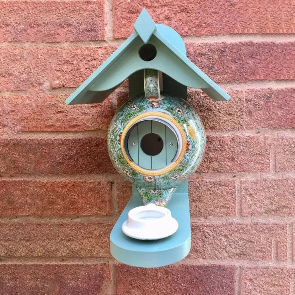 Ceramic Birdhouse & Feeder Whimsical Hanging Decoration Cute Teapot Bird House and Feeder