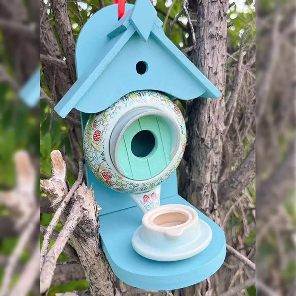 Ceramic Birdhouse & Feeder Whimsical Hanging Decoration Cute Teapot Bird House and Feeder