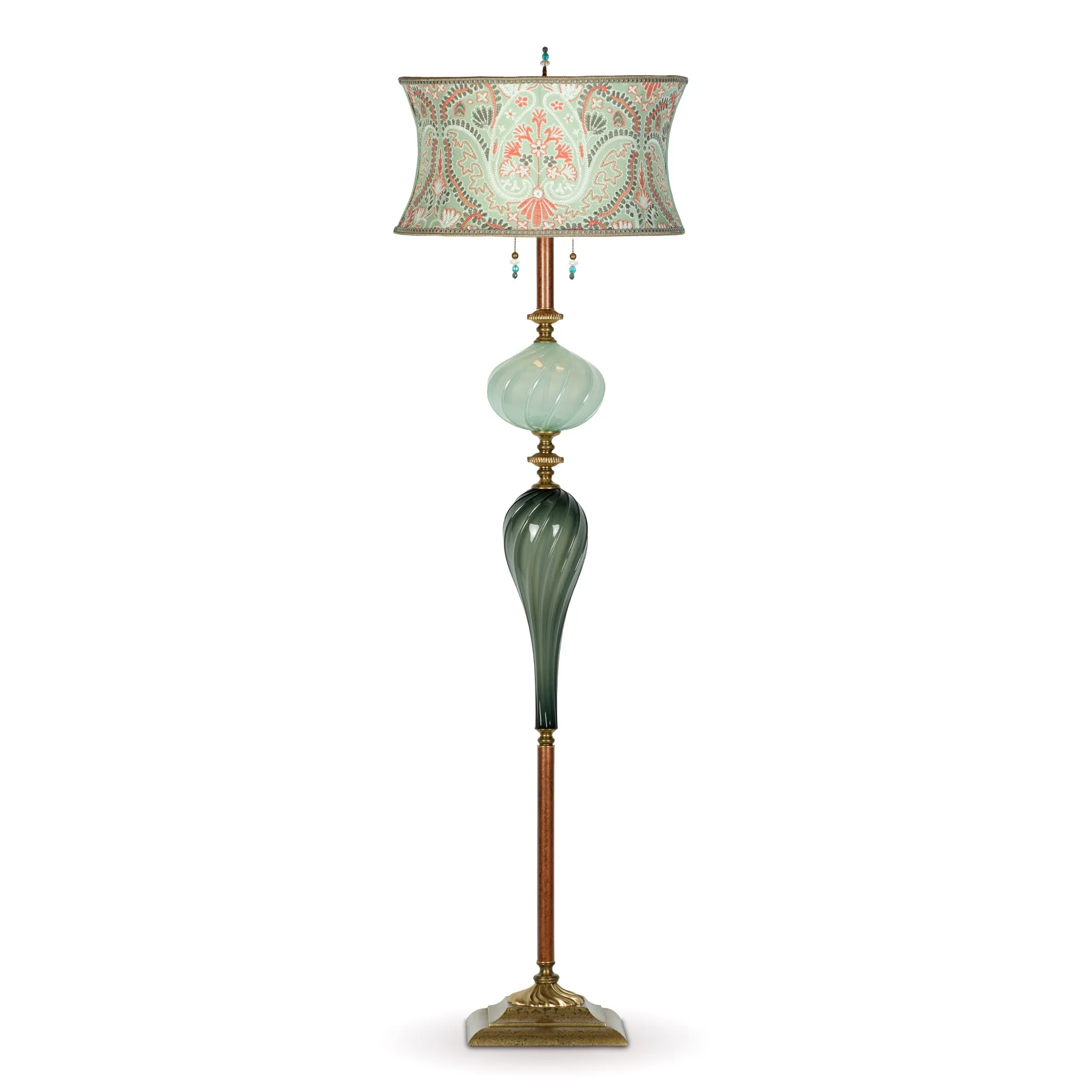 Chad Floor Lamp F221K171 has a Seafoam and Green Blown Glass Base with an Abstract Patterned Round Seafoam and Orange Shade by Kinzig Design