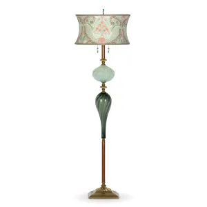 Chad Floor Lamp F221K171 has a Seafoam and Green Blown Glass Base with an Abstract Patterned Round Seafoam and Orange Shade by Kinzig Design