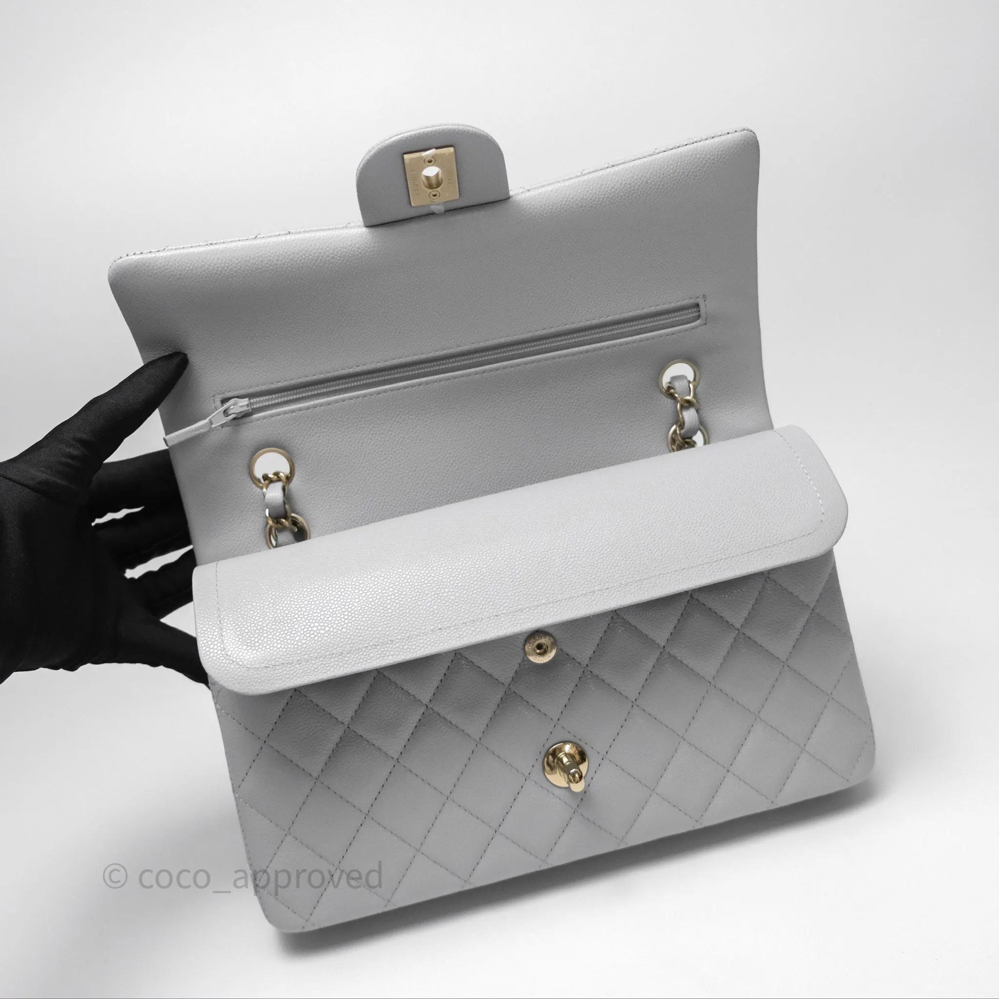 Chanel M/L Medium Classic Flap Quilted Grey Caviar Gold Hardware