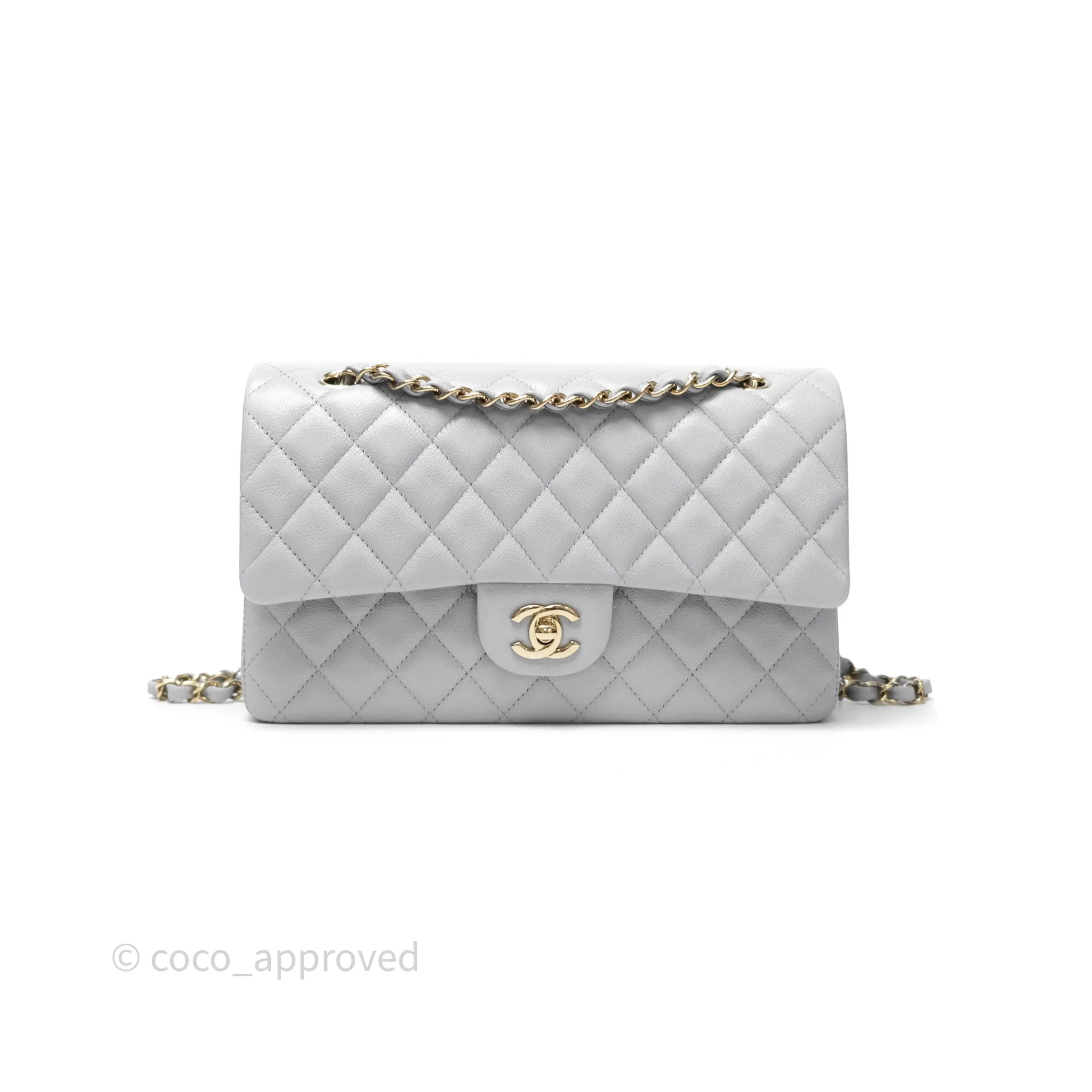 Chanel M/L Medium Classic Flap Quilted Grey Caviar Gold Hardware