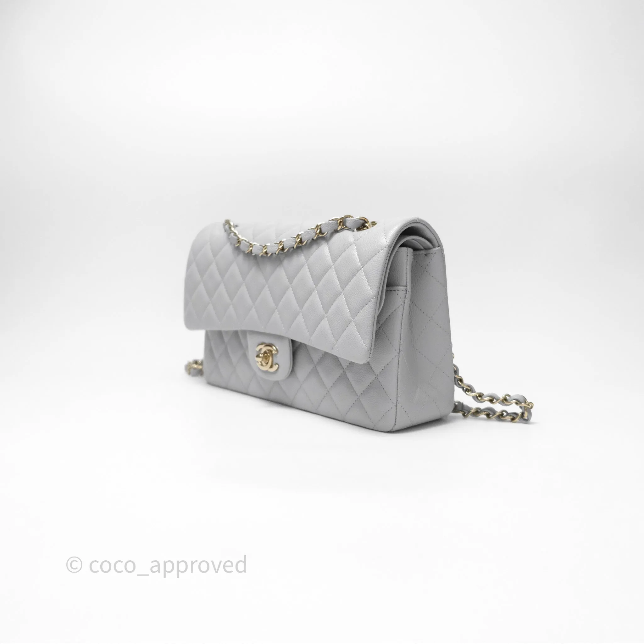 Chanel M/L Medium Classic Flap Quilted Grey Caviar Gold Hardware