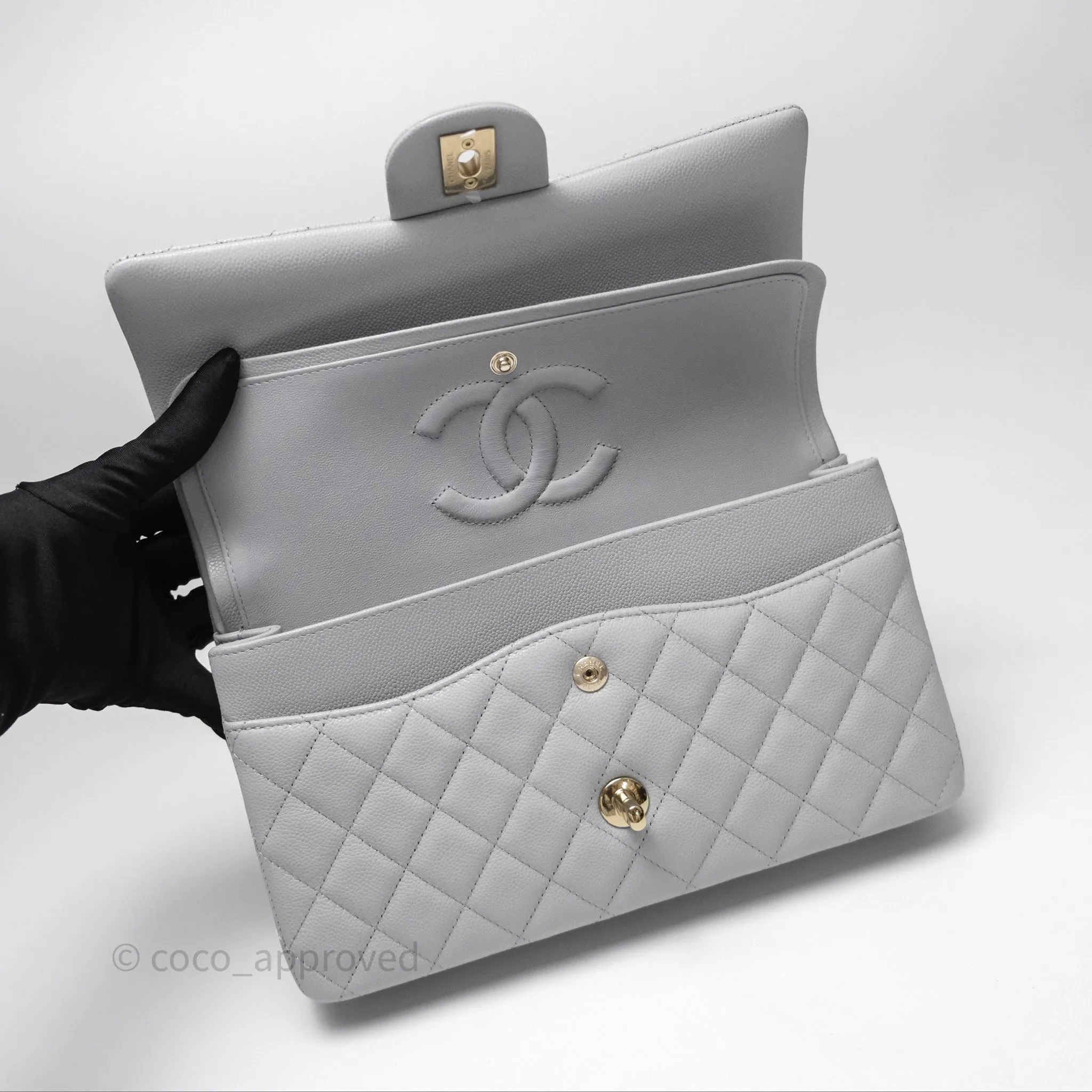 Chanel M/L Medium Classic Flap Quilted Grey Caviar Gold Hardware