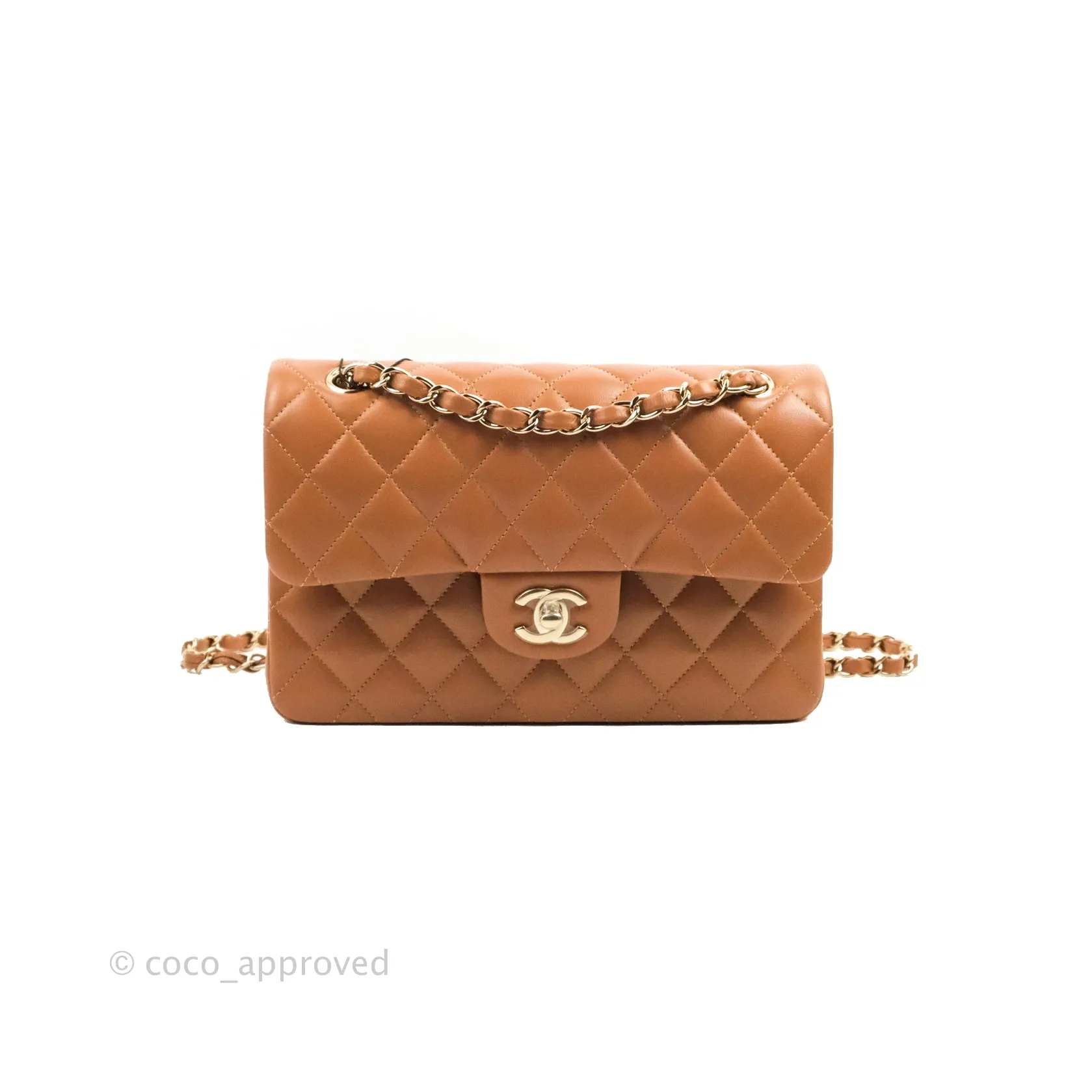 Chanel Small Classic Quilted Flap Dark Beige Caramel Lambskin Gold Hardware 22S