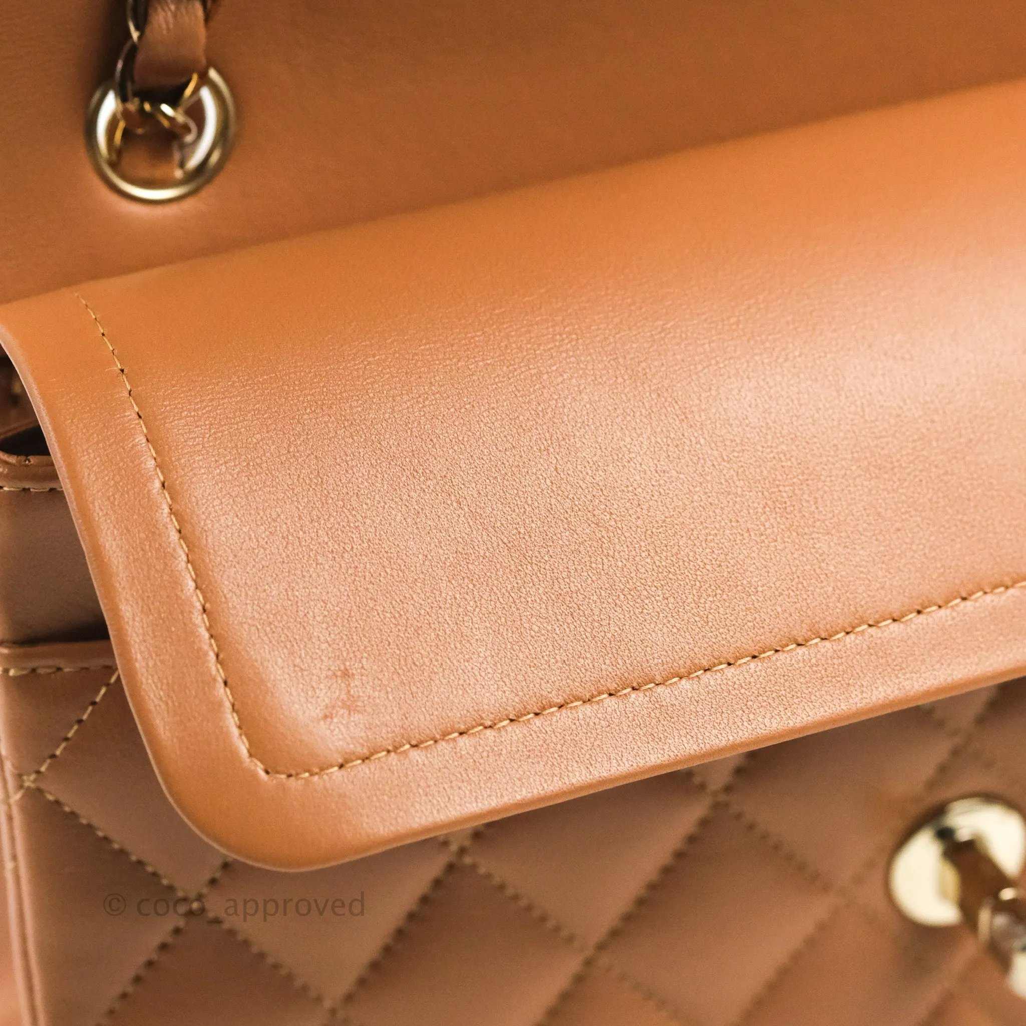 Chanel Small Classic Quilted Flap Dark Beige Caramel Lambskin Gold Hardware 22S