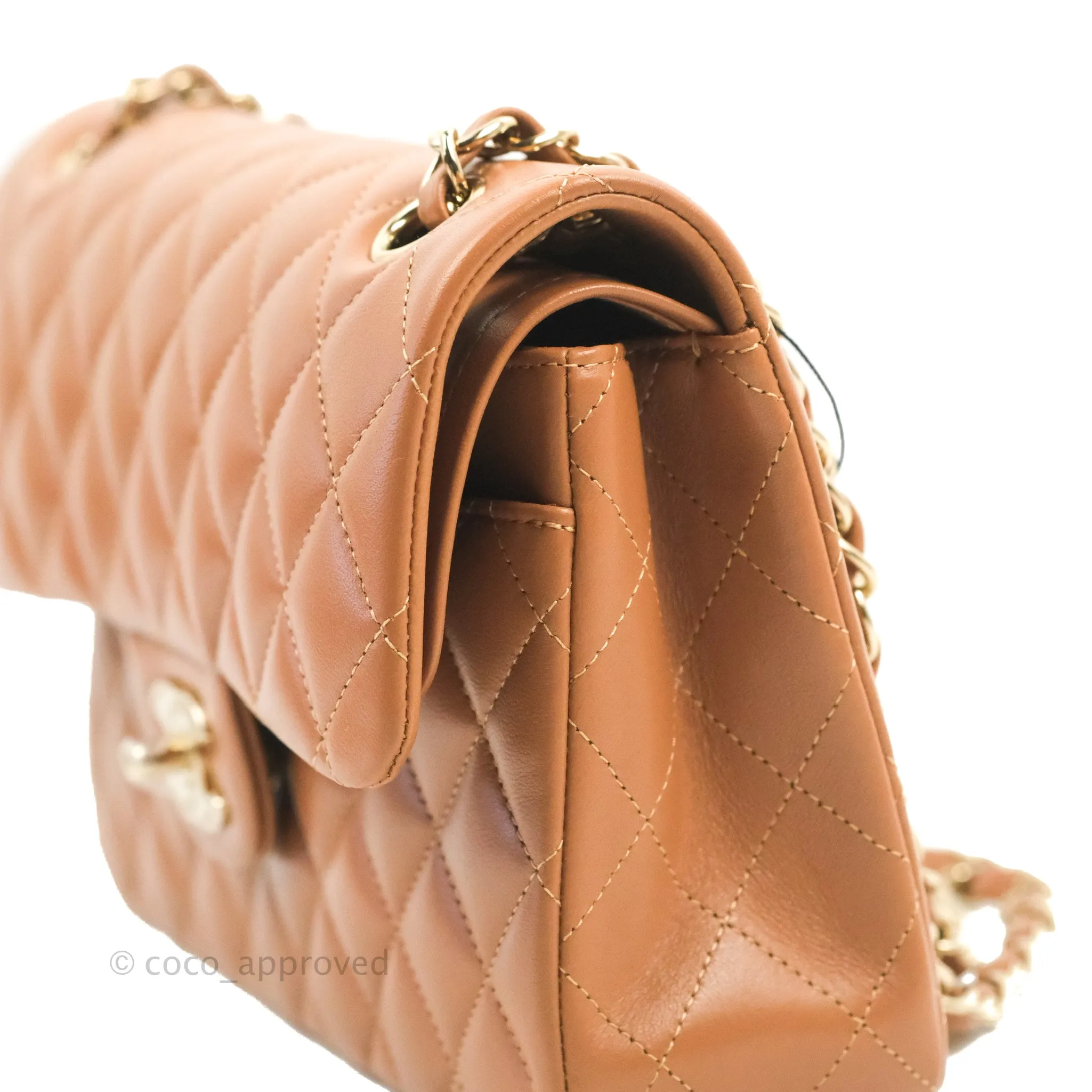 Chanel Small Classic Quilted Flap Dark Beige Caramel Lambskin Gold Hardware 22S