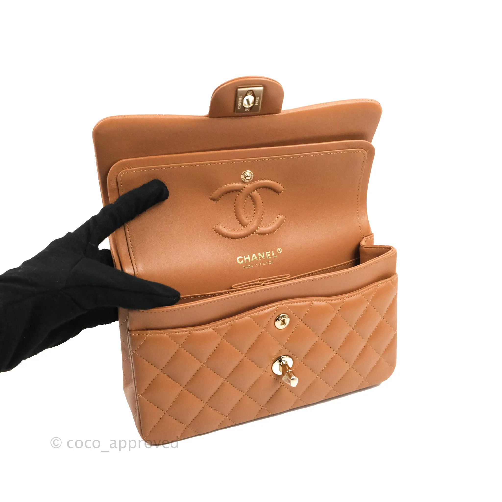 Chanel Small Classic Quilted Flap Dark Beige Caramel Lambskin Gold Hardware 22S