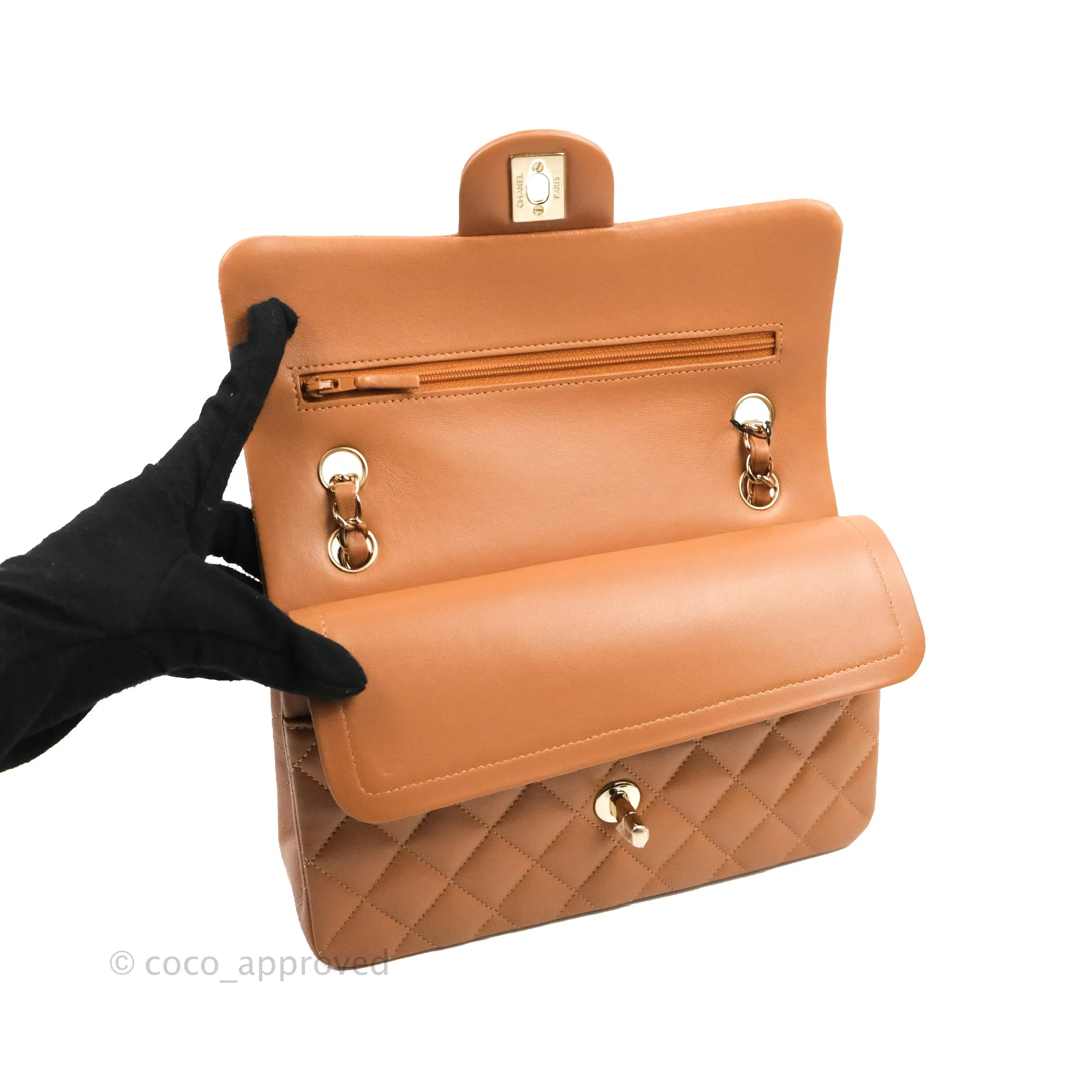 Chanel Small Classic Quilted Flap Dark Beige Caramel Lambskin Gold Hardware 22S