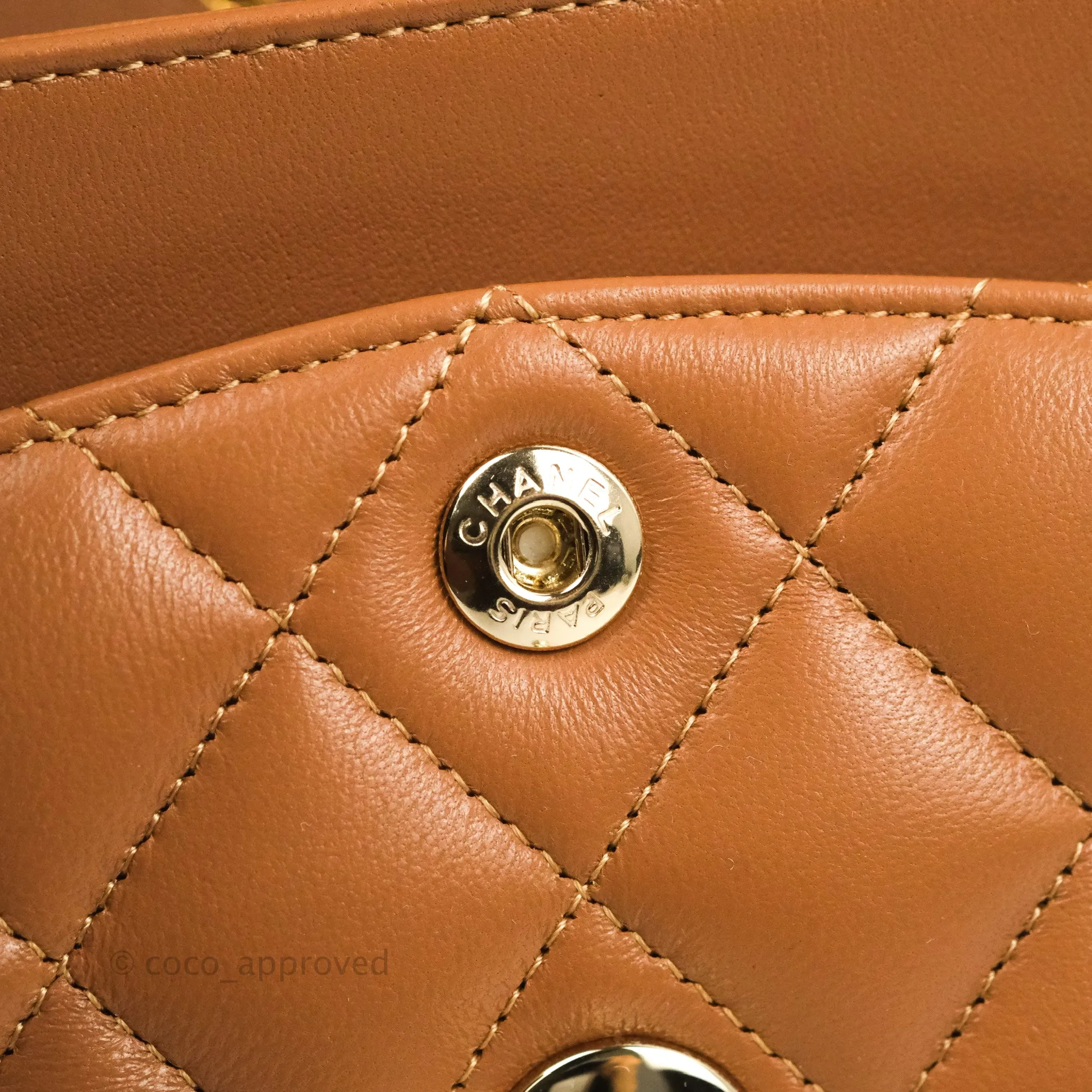 Chanel Small Classic Quilted Flap Dark Beige Caramel Lambskin Gold Hardware 22S