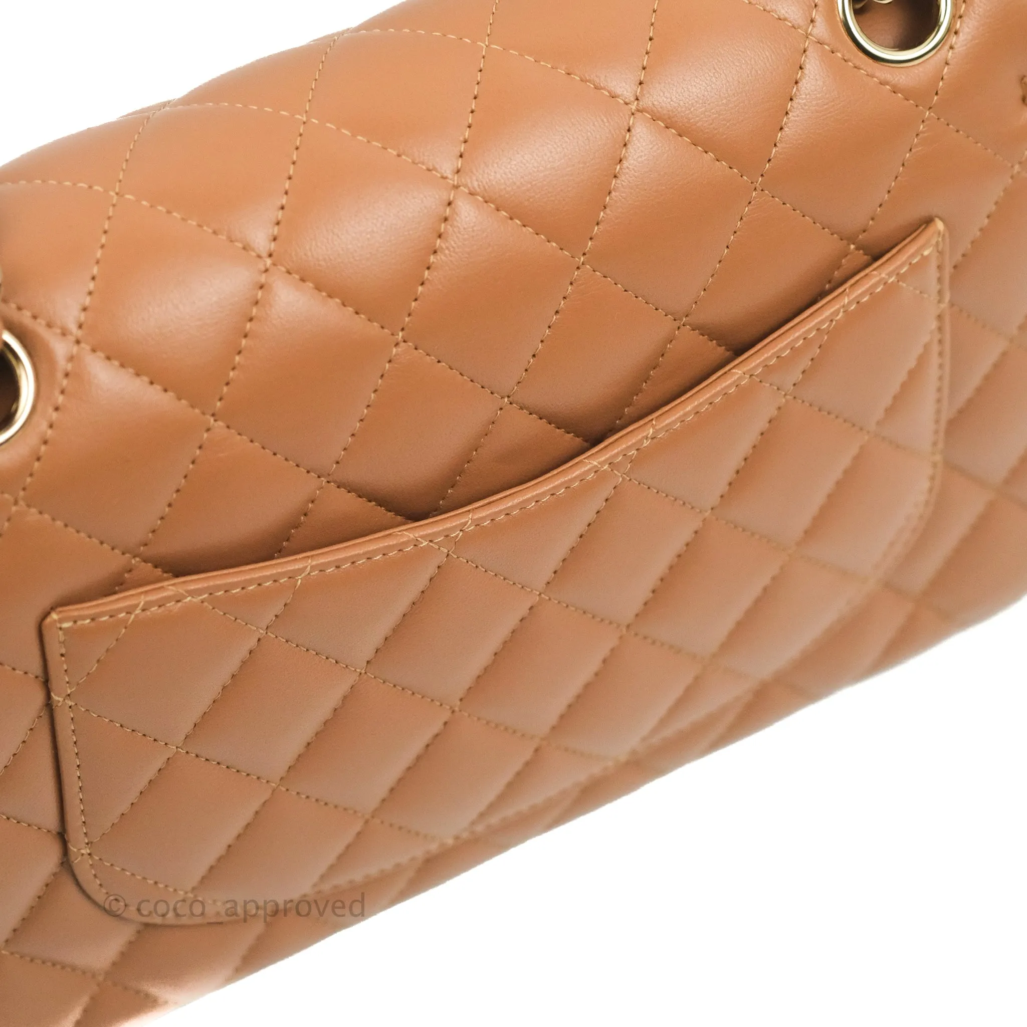 Chanel Small Classic Quilted Flap Dark Beige Caramel Lambskin Gold Hardware 22S