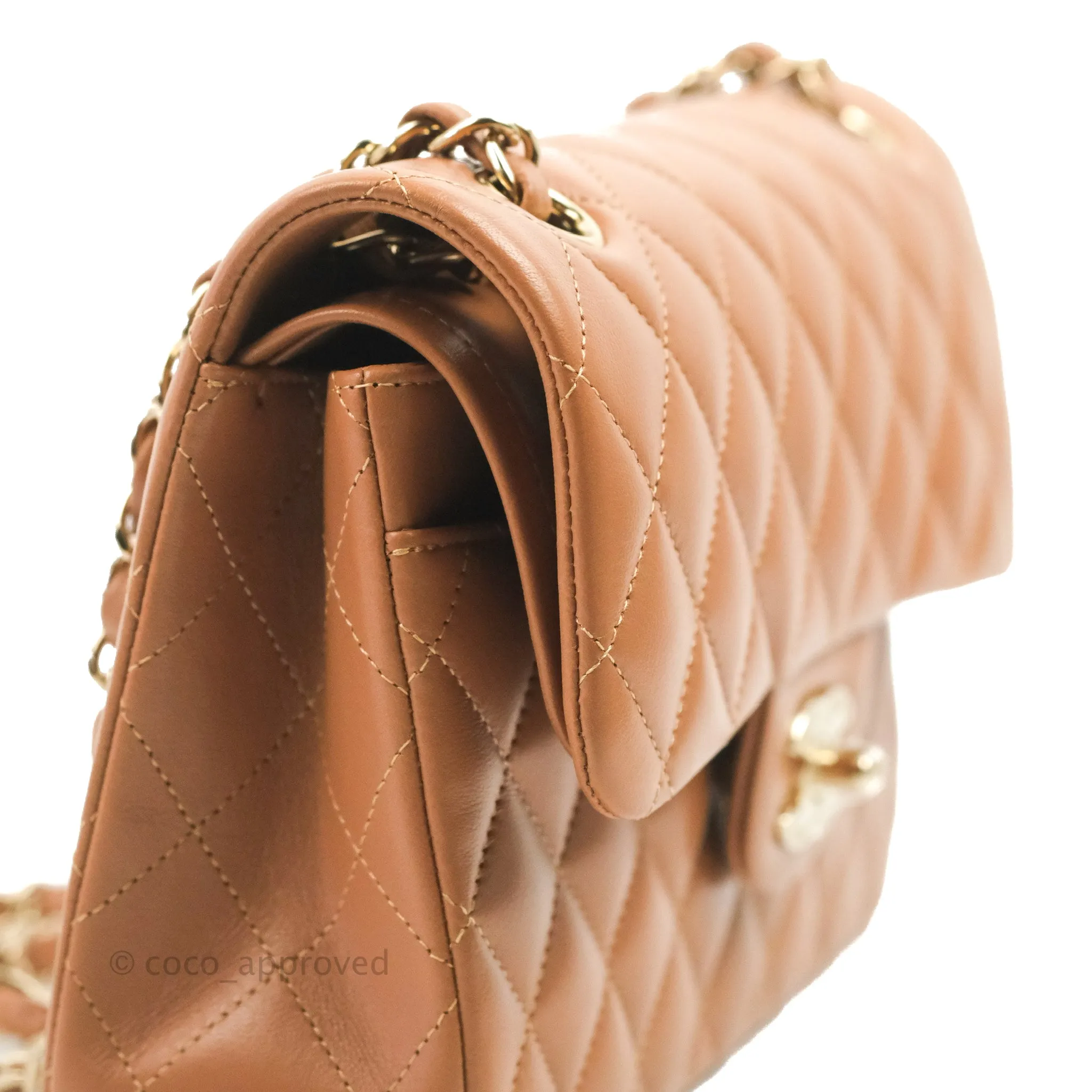 Chanel Small Classic Quilted Flap Dark Beige Caramel Lambskin Gold Hardware 22S