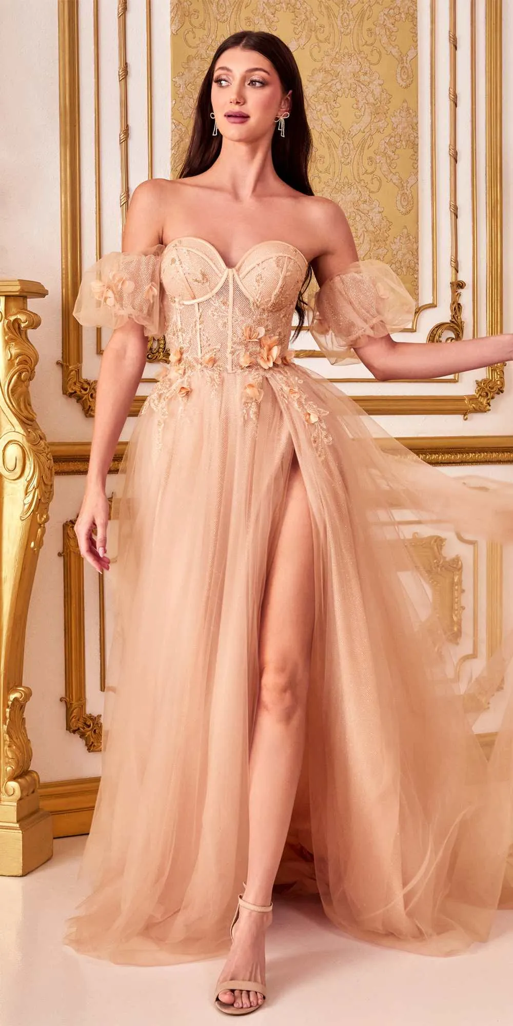 Cinderella Divine CB080 Long Strapless Tulle Floral Ball Gown