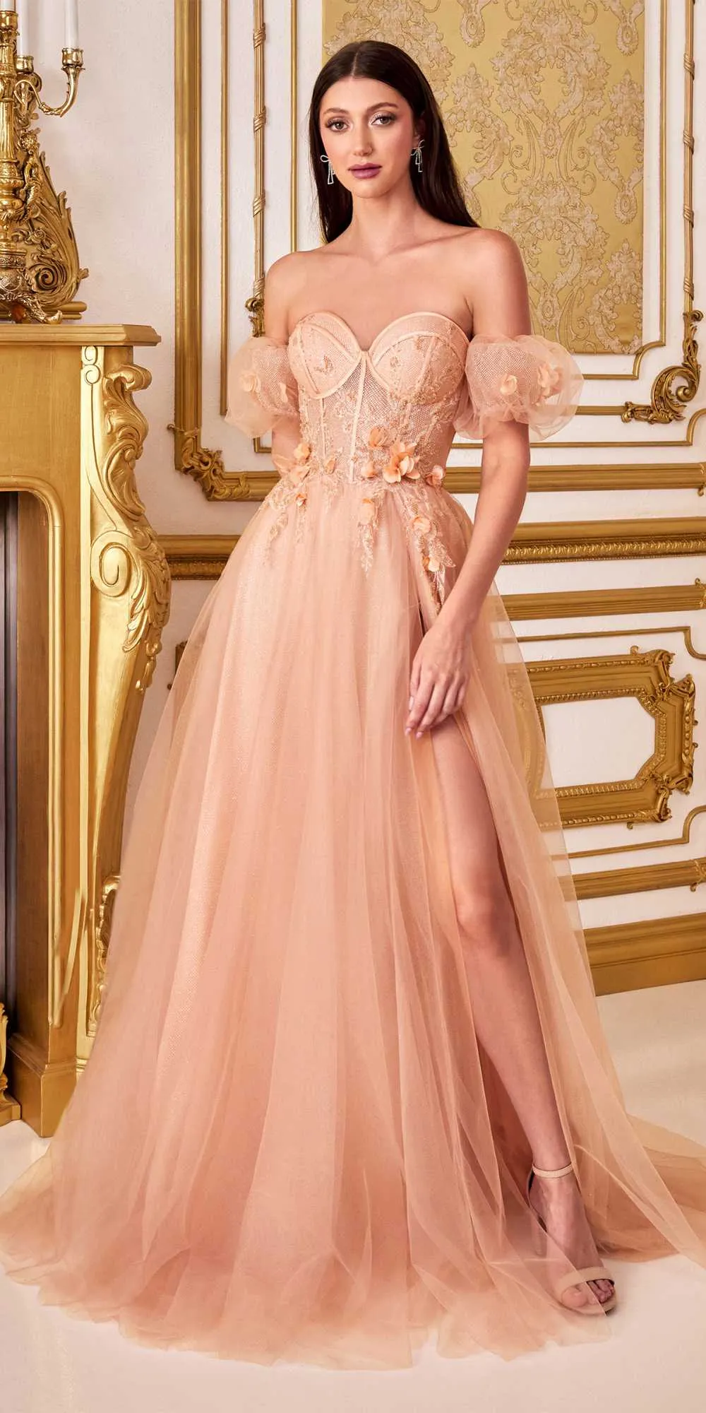 Cinderella Divine CB080 Long Strapless Tulle Floral Ball Gown