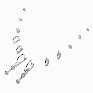 Claire's Silver-tone Double Charm Earring Stackables Set | 6 Pack | Crystal