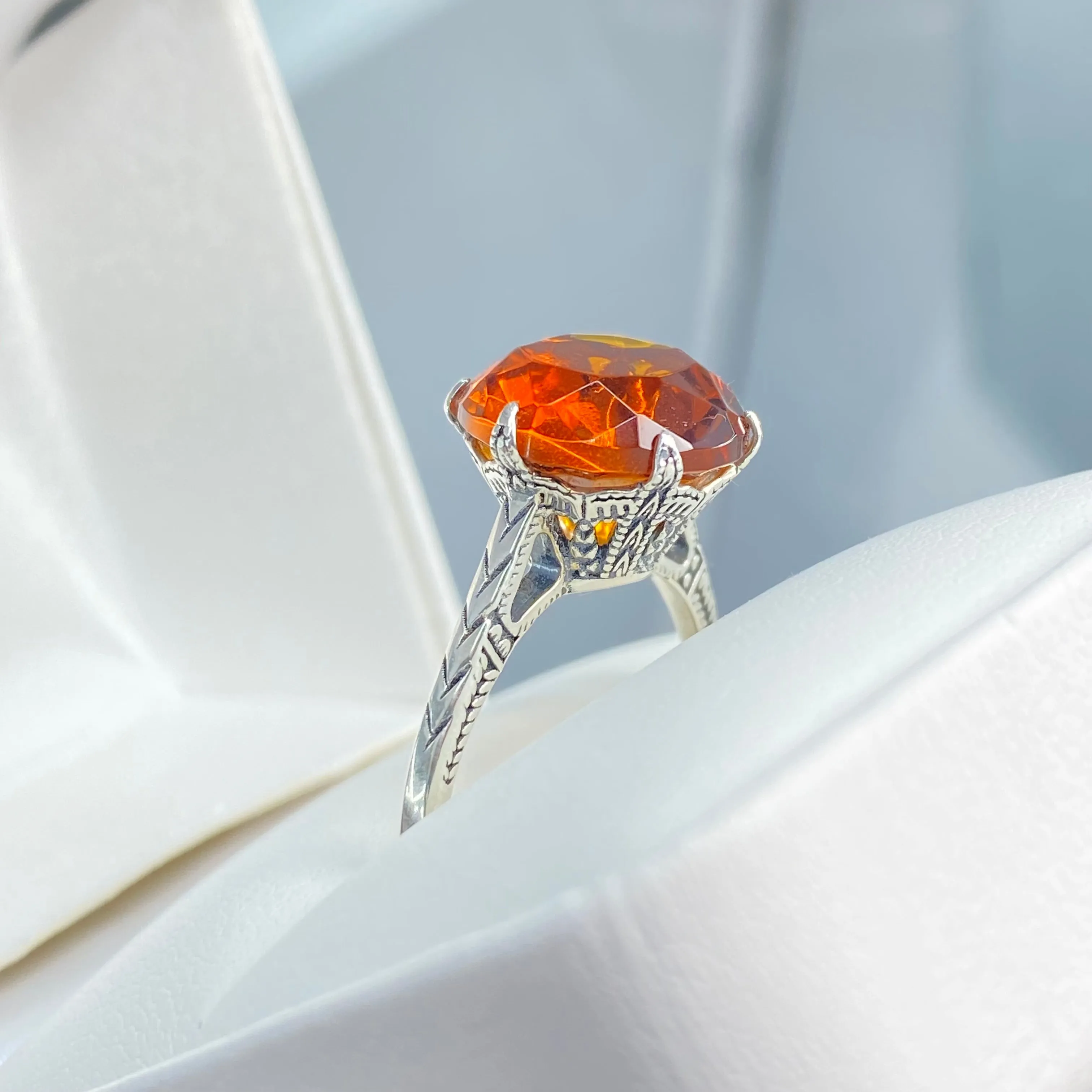Classic Ring, Orange Solitaire, Victorian Reproduction Jewelry #D37