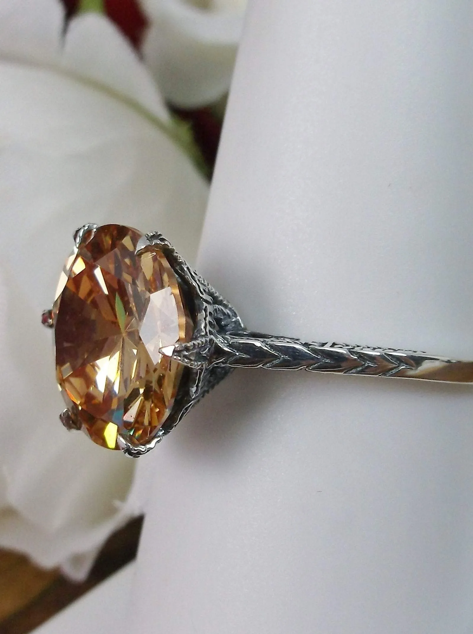 Classic Ring, Peach CZ Solitaire, Victorian Jewelry #D37