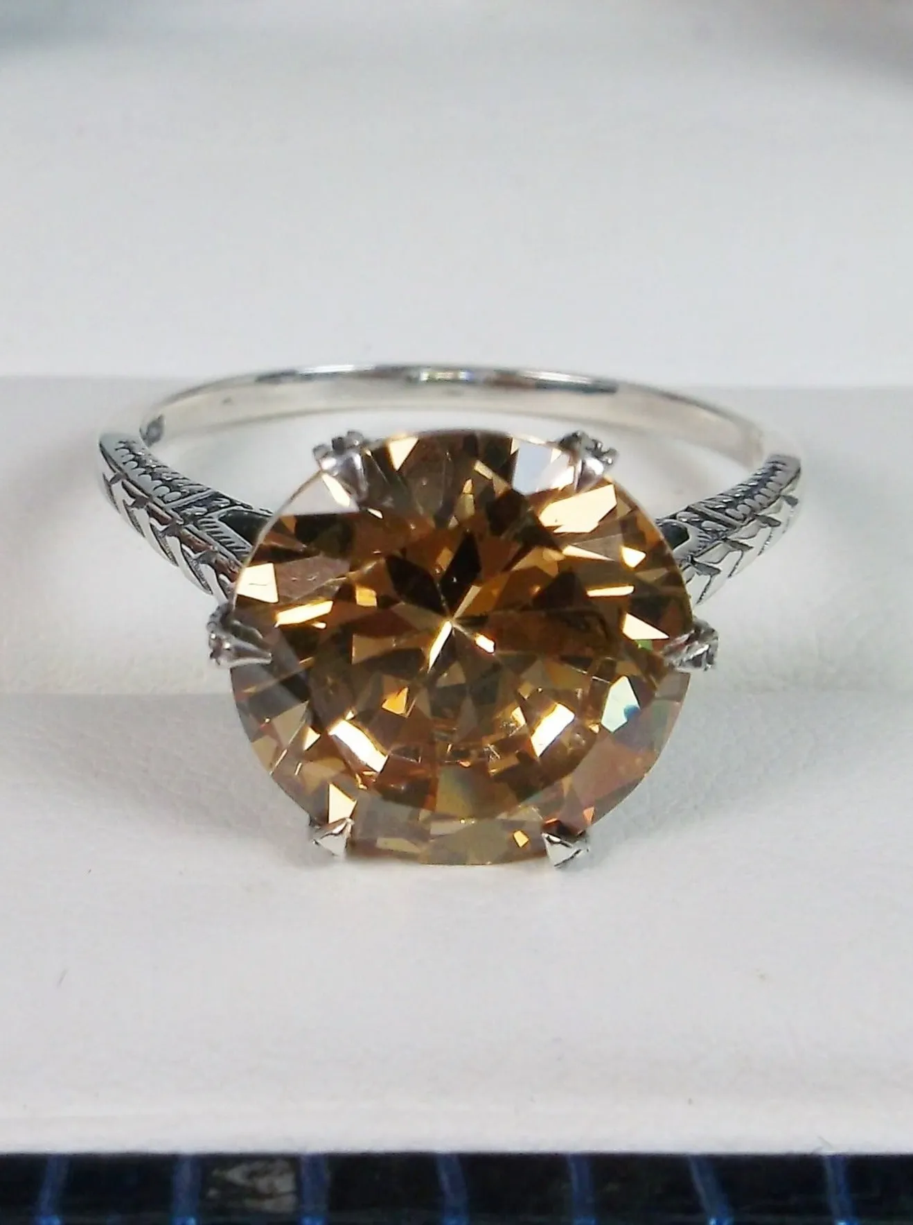 Classic Ring, Peach CZ Solitaire, Victorian Jewelry #D37
